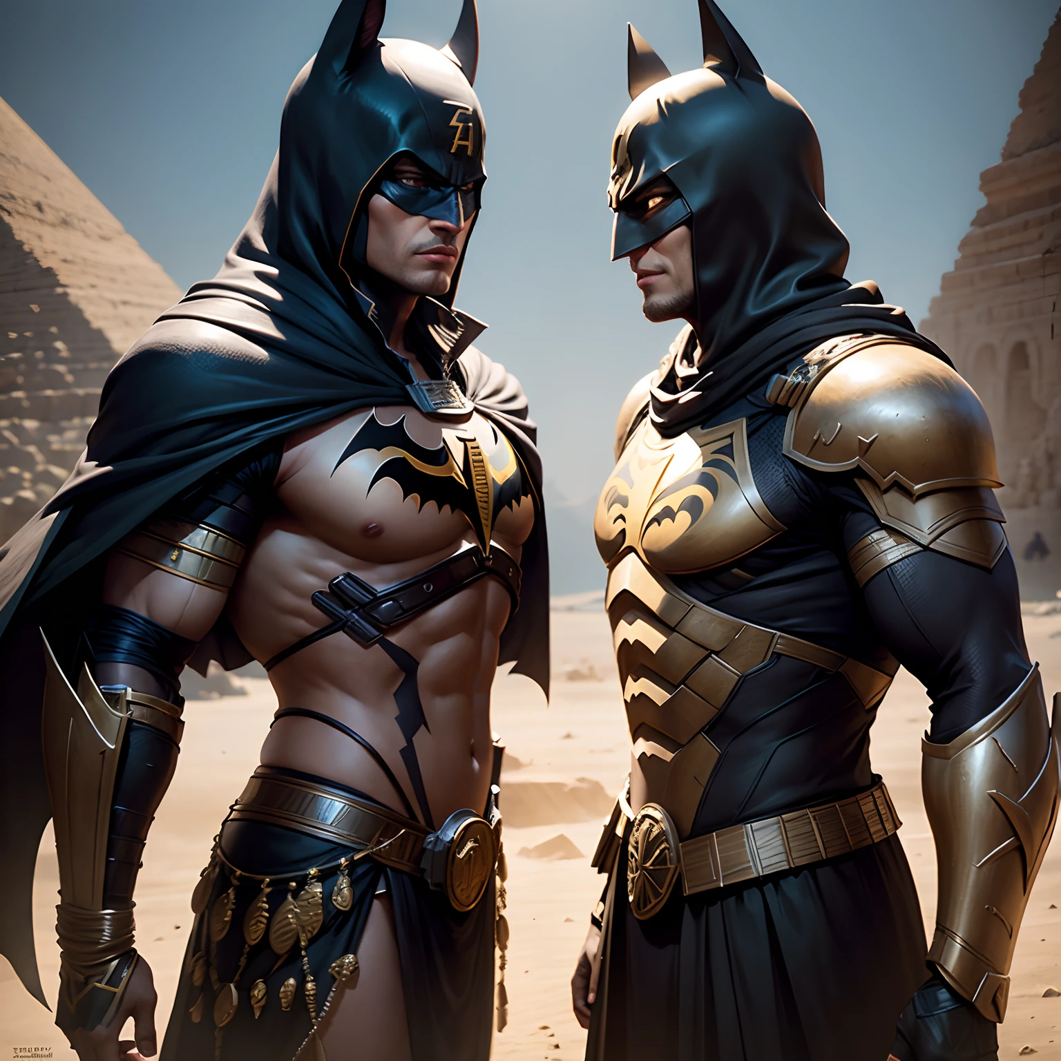 Egyptian Batman warriors in realistic 4K full-body armor,Pyramids,Super Detailed, Vray Display, Unrealistic engine, Midjourney Art Style.