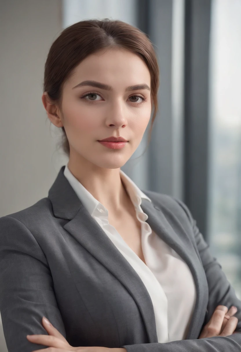 A woman with crossed arms, in an office background, wearing a suit. (best quality,4k,8k,highres,masterpiece:1.2),ultra-detailed,(realistic,photorealistic,photo-realistic:1.37), professional, vivid colors, sharp focus, studio lighting, bokeh, realistic office scene, detailed facial features, confident expression, elegant pose, modern office setting, business attire, neat and professional hairstyle, natural lighting, smooth textures, high-resolution details, clean and tidy office environment.