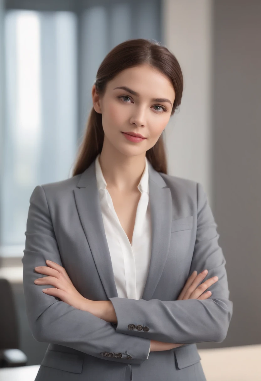 A woman with crossed arms, in an office background, wearing a suit. (best quality,4k,8k,highres,masterpiece:1.2),ultra-detailed,(realistic,photorealistic,photo-realistic:1.37), professional, vivid colors, sharp focus, studio lighting, bokeh, realistic office scene, detailed facial features, confident expression, elegant pose, modern office setting, business attire, neat and professional hairstyle, natural lighting, smooth textures, high-resolution details, clean and tidy office environment.