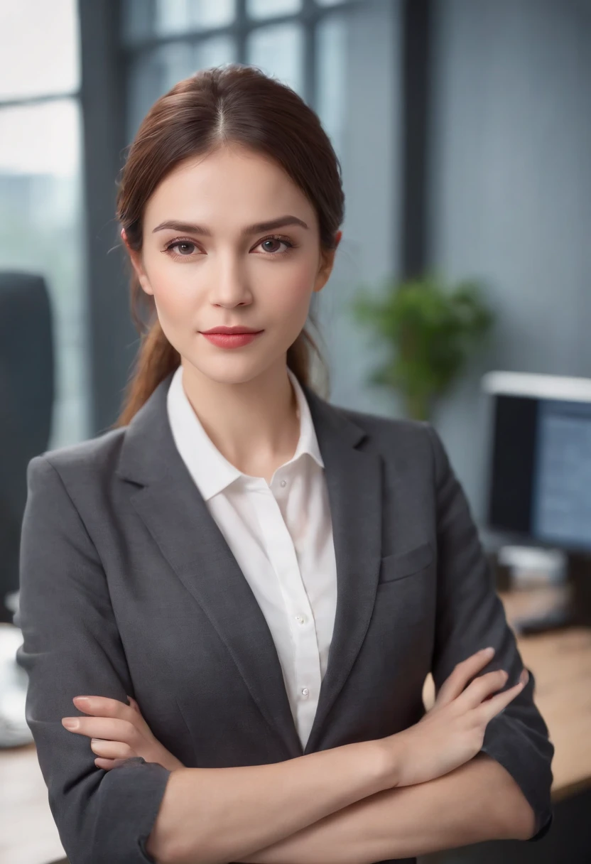 A woman with crossed arms, in an office background, wearing a suit. (best quality,4k,8k,highres,masterpiece:1.2),ultra-detailed,(realistic,photorealistic,photo-realistic:1.37), professional, vivid colors, sharp focus, studio lighting, bokeh, realistic office scene, detailed facial features, confident expression, elegant pose, modern office setting, business attire, neat and professional hairstyle, natural lighting, smooth textures, high-resolution details, clean and tidy office environment.