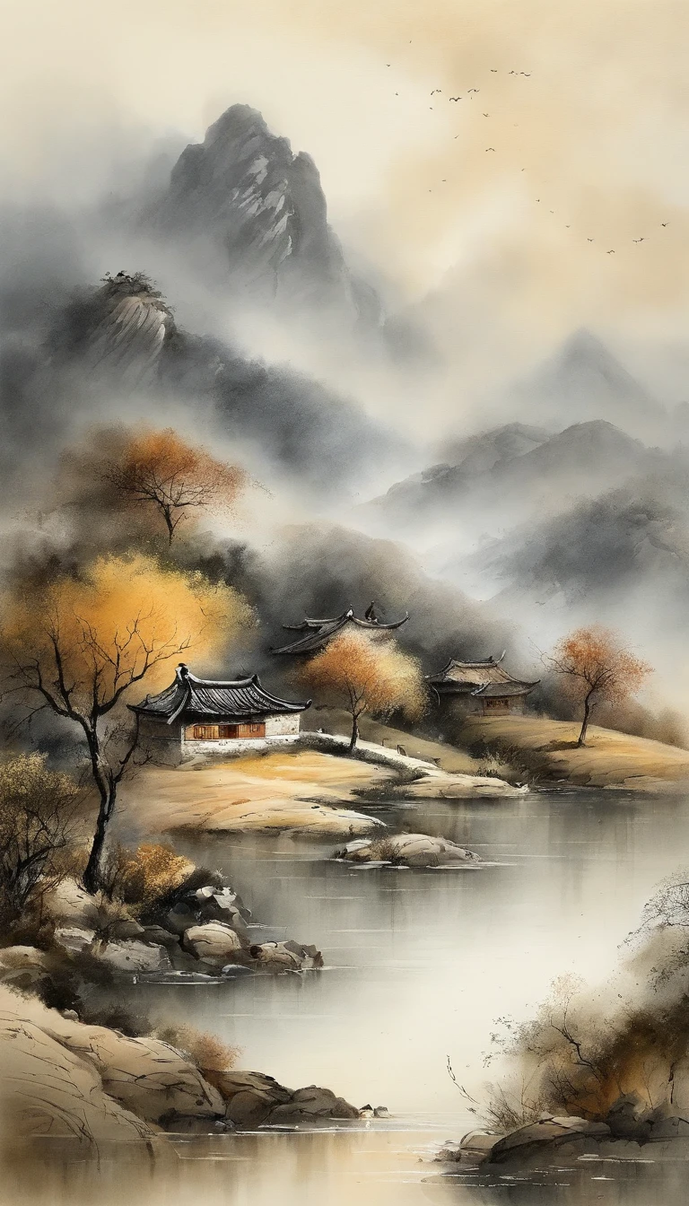 Chinese landscape painting，ink and watercolor painting，water ink，inky，Smudge，Faraway view，Ultra-wide viewing angle，meticulous，Diagram of 5 cows，Five scalpers，River side，Small stone bridge，grass field，The tree，The view is the mountains，（8k wallpaper），（light and shadow effect），rendering by octane，White Balance Design，Highly detailed image depiction，wide angles，depth of fields，tmasterpiece，realisticlying，Beautifully depicted，A detailed，acurate，Works of masters，tmasterpiece