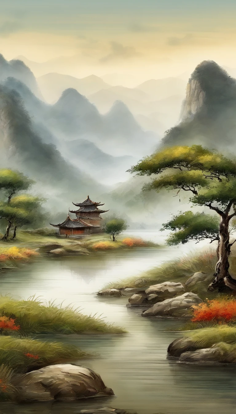 Chinese landscape painting,ink and watercolor painting,water ink,inky,Smudge,Faraway view,Ultra-wide viewing angle,meticulous,Diagram of 5 cows,Five scalpers,River side,Small stone bridge,grass field,The tree,The view is the mountains,(8k wallpaper),(光影效果),rendering by octane,White Balance Design,Highly detailed image depiction,wide angles,depth of fields,tmasterpiece,realisticlying,Beautifully depicted,A detailed,acurate,Works of masters,tmasterpiece