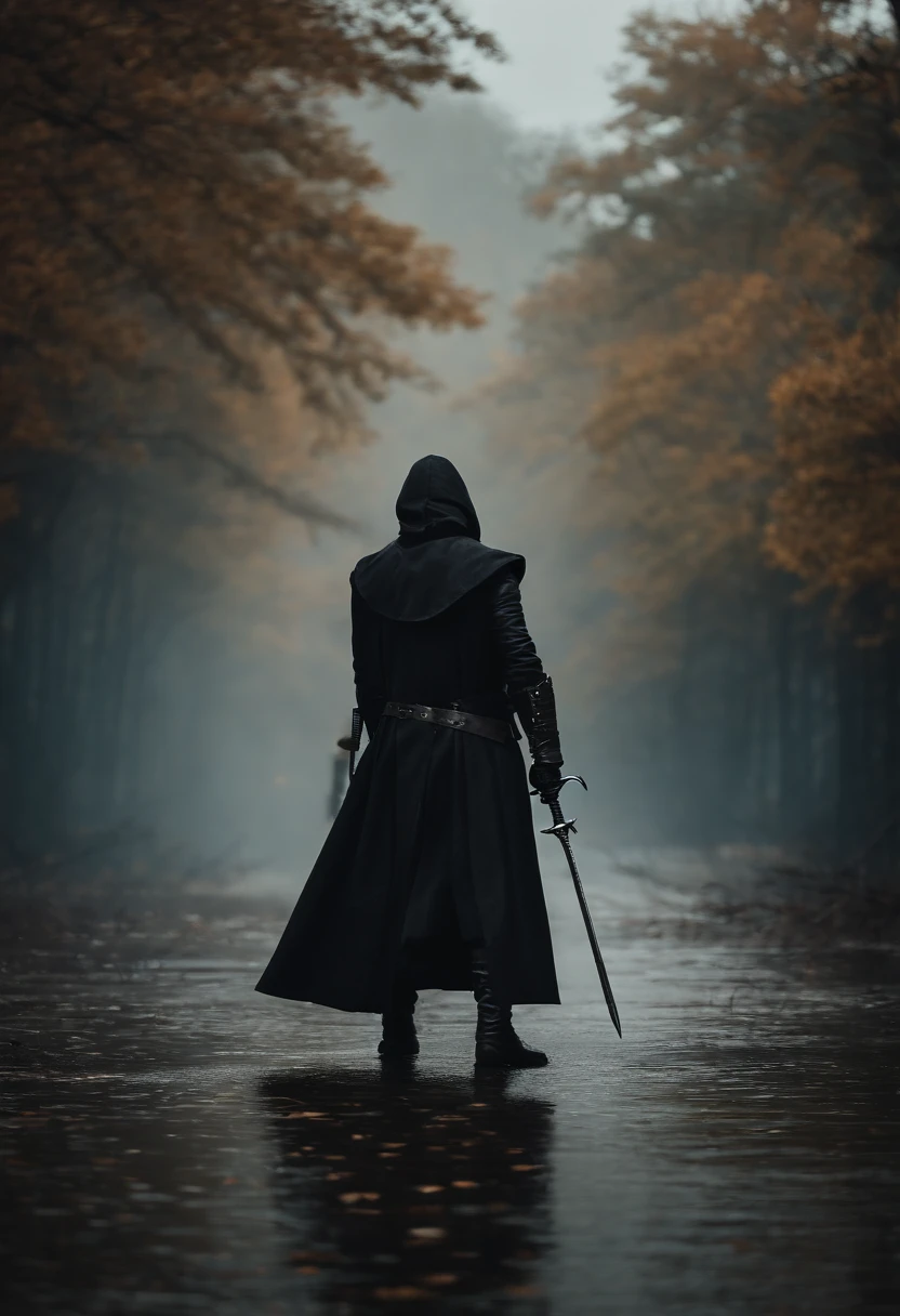 Hooded man, crow mask, mouth mask, black trench coat, scale armor, spear, tall, dragonborn