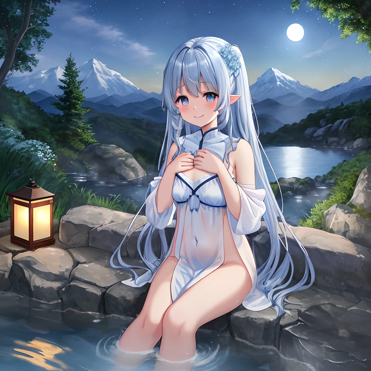 in 8K、top-quality、​masterpiece、ultra-detailliert、Ultra-high resolution、Light blue long hair、Twin-tailed、outdoor bath、Rock bath、fullmoon、mountains on background(a picture)、1 girl in、covering the chest with a thin cloth、adorable smiling、wetting hair、water dripping、