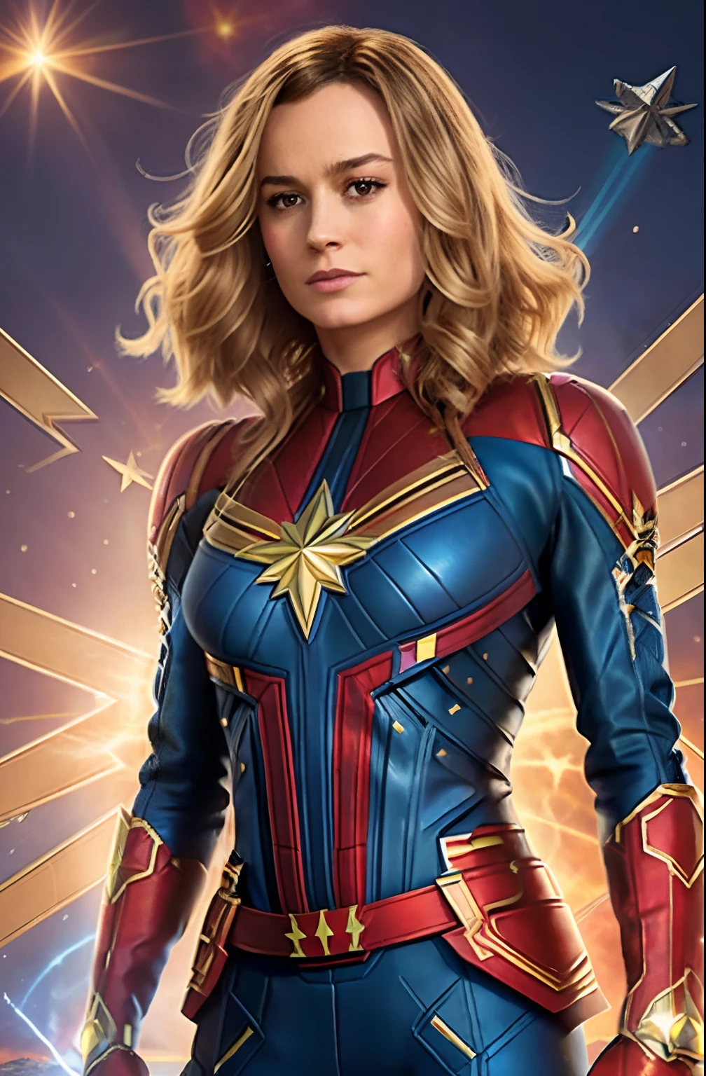 brie larson, medium hair, full body portrait, wearing captain marvel outfit, sexy, cleavage, breasts showing