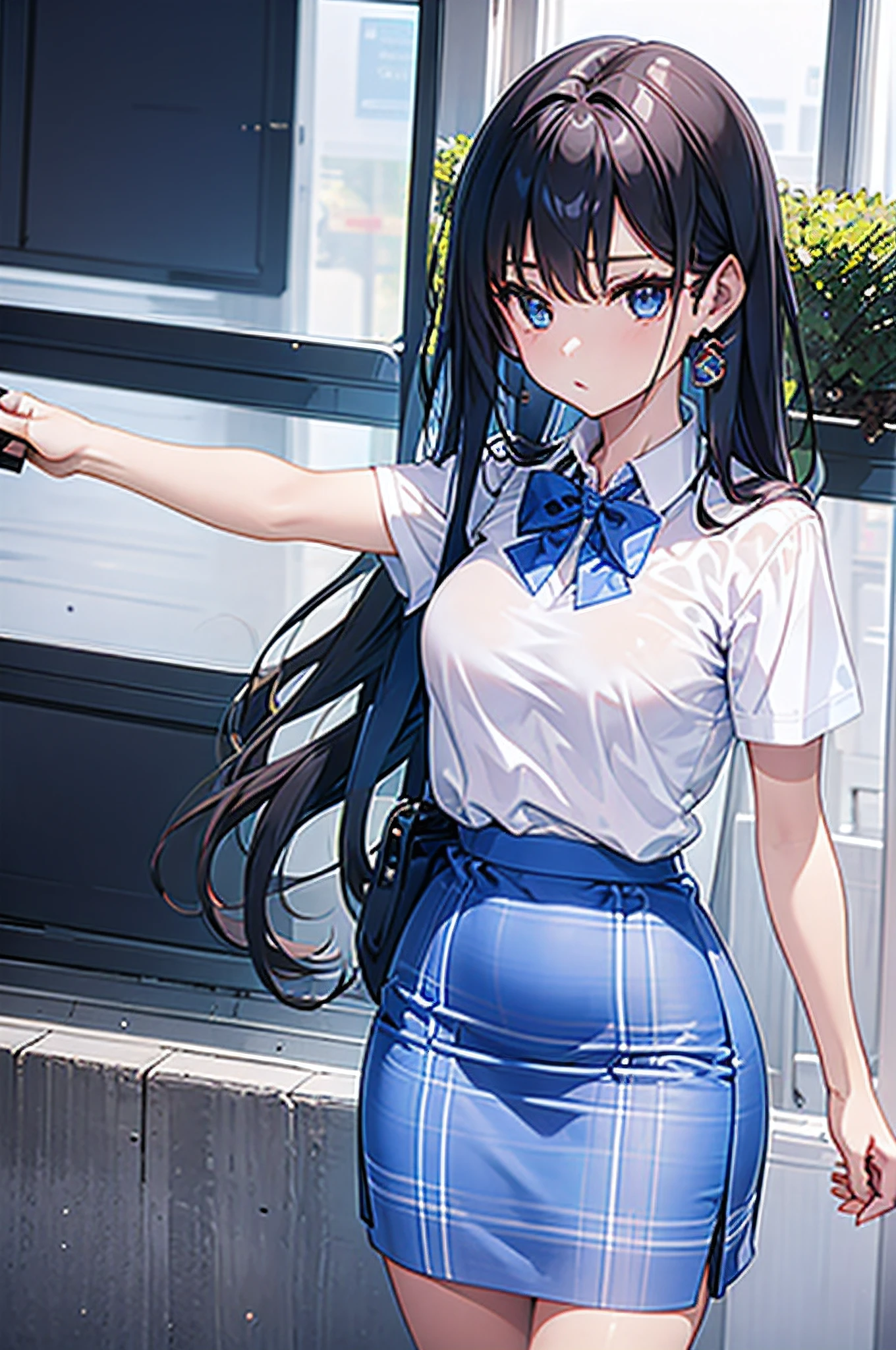 woman, female student, freshman, feminine, white shirt top, roll sleeves, half arms, bright blue gingham pencil skirt match with a bow, long gingham pencil skirt, gingham office skirt, light blue pencil skirt, gingham bow, gingham bow, blue neck gingham ribbon, id, sling for id, id holder, lanyard, wearing school id, school id, school, anime, modern anime