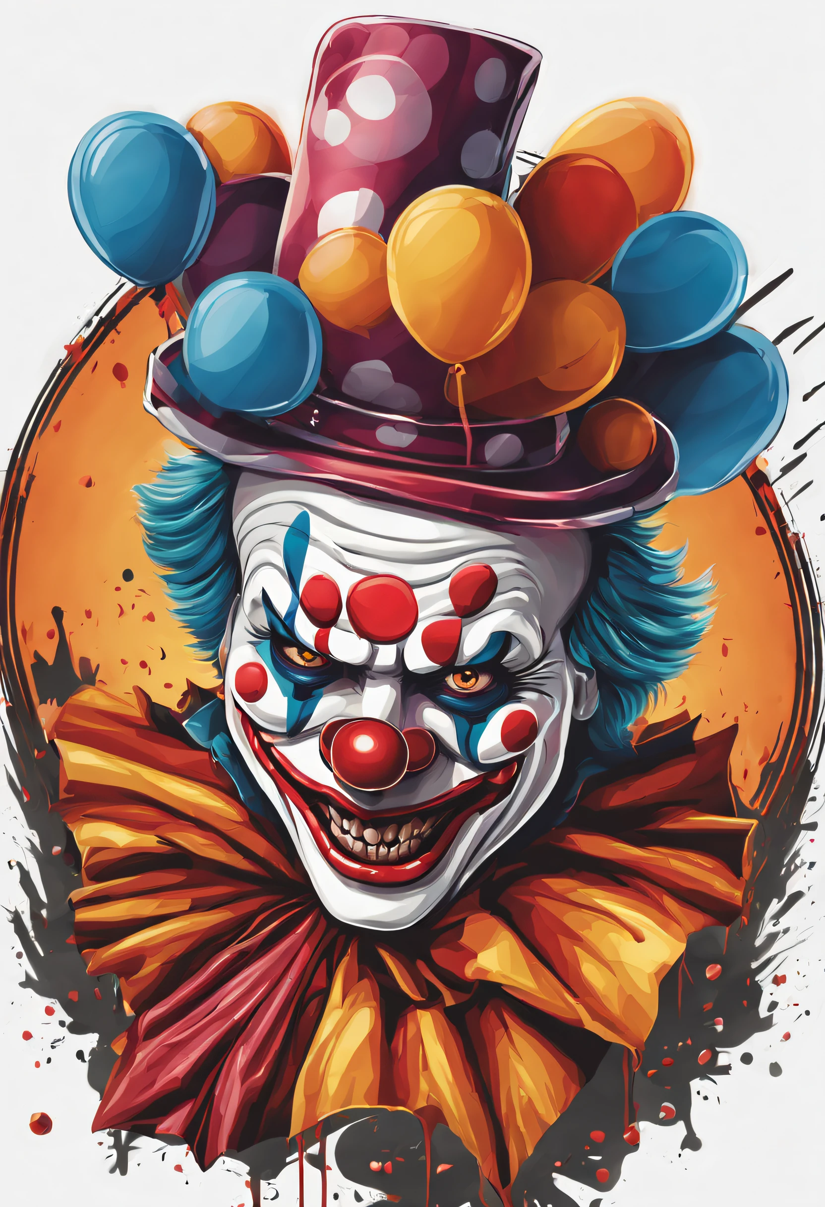 (high quality vector-style artwork,t-shirt print style,killer clown graphic art,white background,realistic colors,Halloween theme,graphic design style)