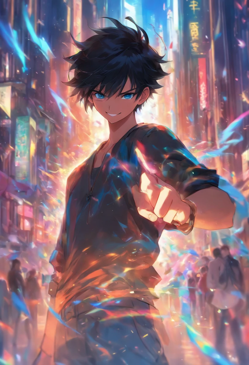 smile,fullbody shot ,various angles.Black hair, Anime style, Character Chart, One-person viewpoint, Anime boy with UHD black hair and black shirt, young anime man, anime moe art style, Anime Boy, Smooth Anime CG Art, Male anime style, artwork in the style of guweiz, A cute boy,rainbows,Anime portrait of a handsome man, digital anime illustration, Short anime guy with blue eyes, male anime characters, boy has short black hair,nffsw,