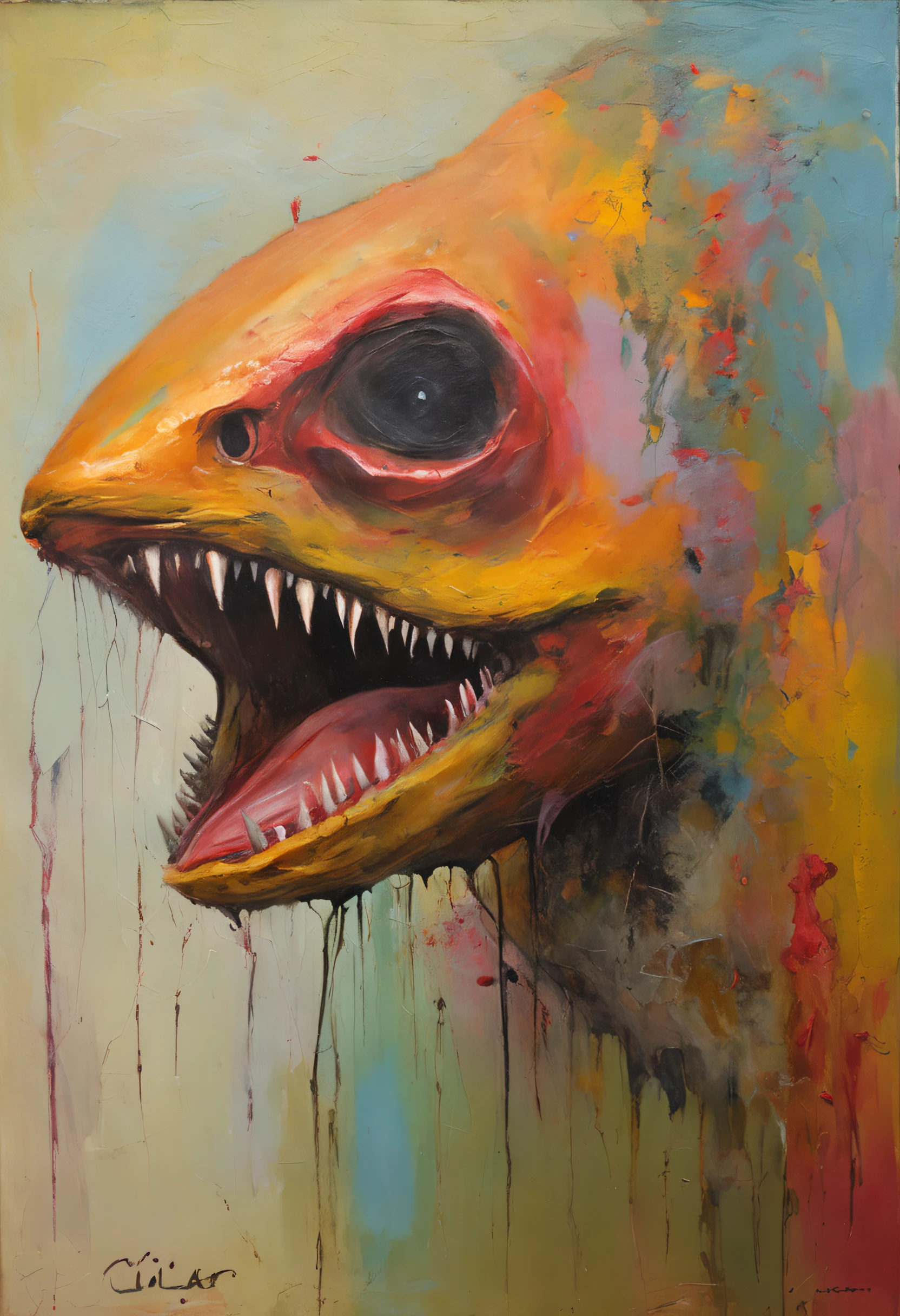 A creature taken from children's nightmares. cuerpo femenino, shark teeth, Multiple extraviscous limbs, halo brillante en su cabeza, ojos rojos. You're in a school classroom with a threatening attitude