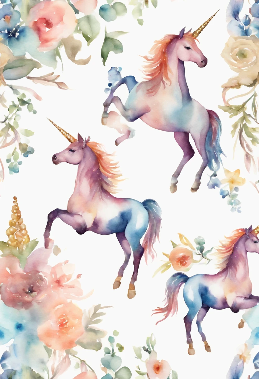 watercolor  unicorn repeating pattern on white background