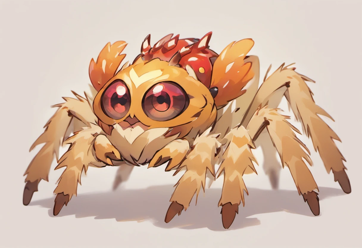 Jumping Spider, long serrated pinsirs like a ant-lion, colors are tan and orange, red evil looking eyes, wicked looking and fierce, masterpiece, best quality