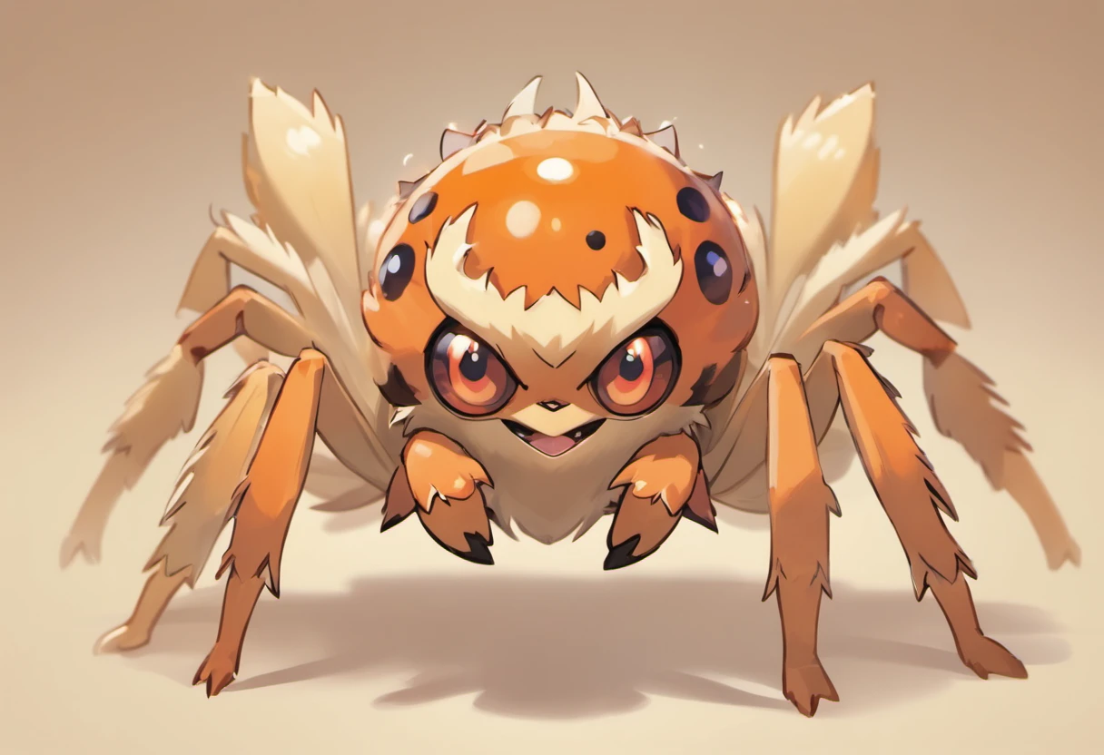 Jumping Spider, long serrated pinsirs like a ant-lion, colors are tan and orange, red evil looking eyes, wicked looking and fierce, masterpiece, best quality