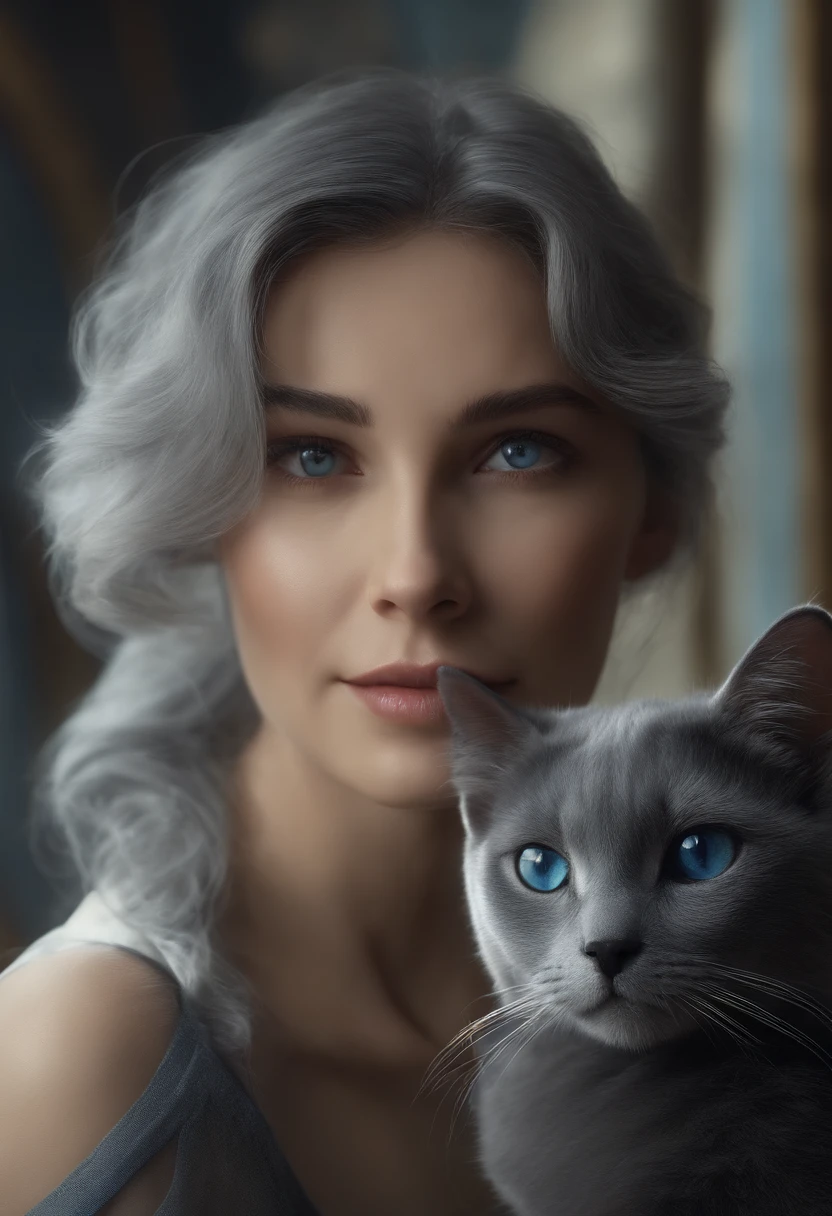 masterpiece, best quality, movie still, 1girl, no human ears, deep blue cat-like eyes, smiling, short grey hair, long grey tail, grey ears