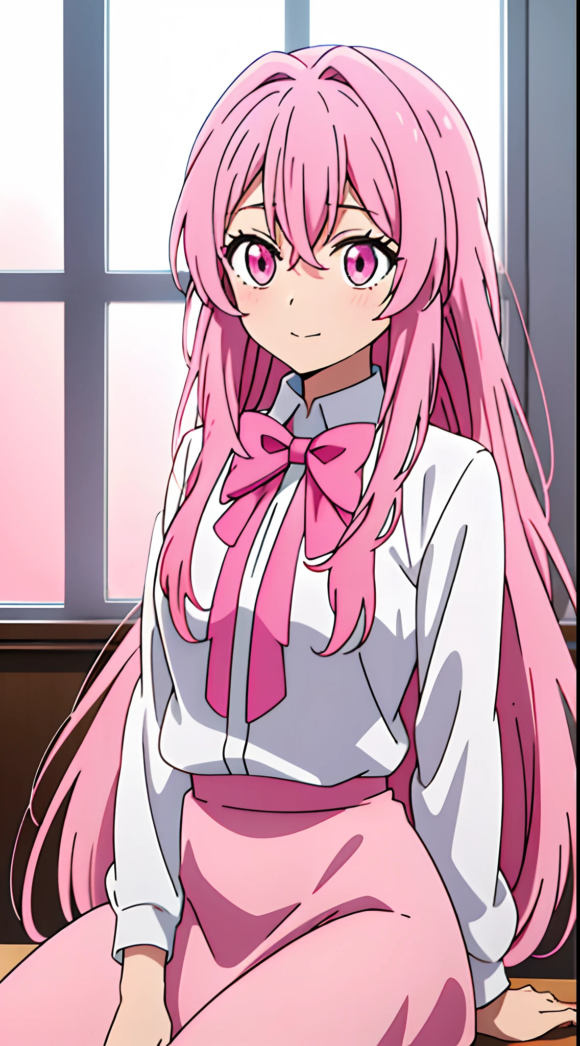 anime girl with pink hair and pink bow tie sitting in front of window, highschool dxd, dressed with long fluent clothes, large friendly pink eyes, ((zerator)), [[[[grinning evily]]]], long bubblegum hair,  standing in class, , ultra detailed, best quality, expressive eyes, perfect face, ultra hight quality