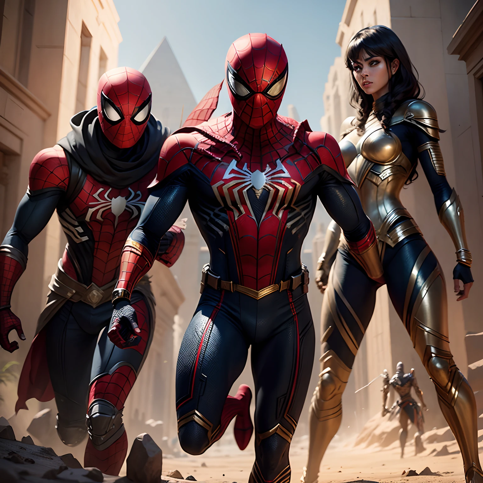 Egyptian Spider-Man warriors in realistic 4K full-body armor,Pyramids,Super Detailed, Vray Display, Unrealistic engine, Midjourney Art Style.
