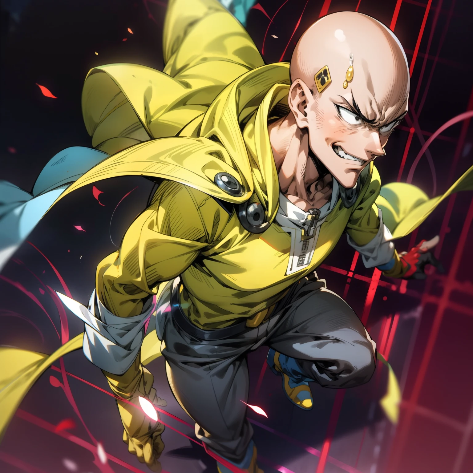 masterpiece, best quality, 1boy, (saitama), bald hair, black eyes,  blue boot, red gloves, yellow clothes, white cape, standing, angry face, smiling, anime evil smil, aura power, night, natural light,standing, angry eyes, male focus, strong muscles, movie composition, deth of field, bokeh, (futuristic), (full body),