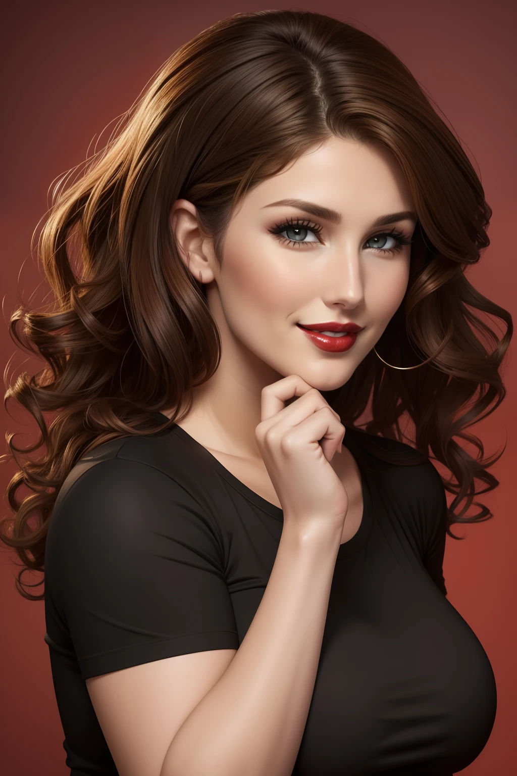 lucy pinder, face portrait, smiling, curly hair, brown hair, black t-shirt, red lipstick, beautiful lips