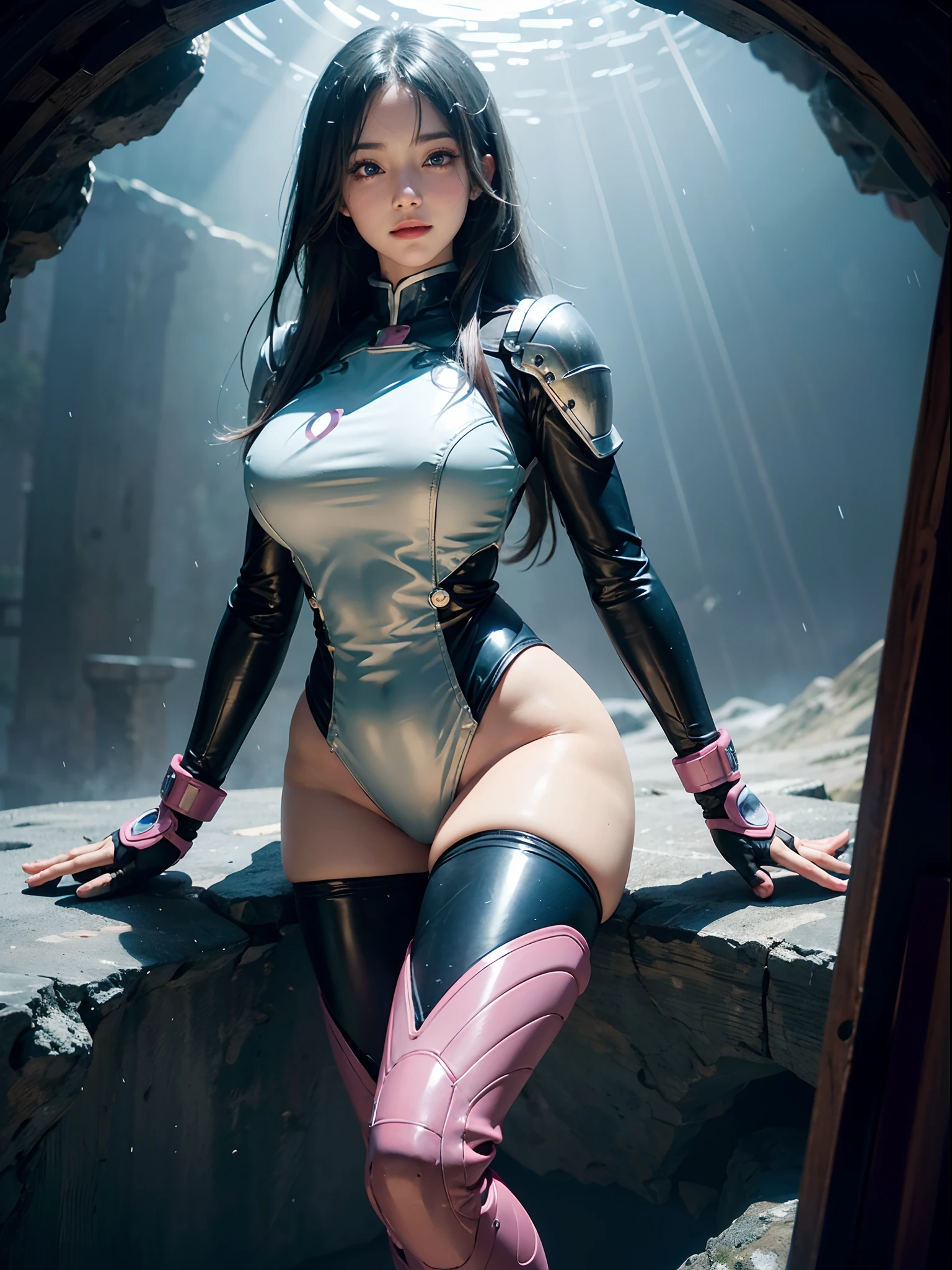 1female, Pink Ranger, Pink armor, Pink Power Ranger, golden stripes, Ultra HD, photo realism, [ochako], [Boku no hero academia], ((masterpiece)), ((HD)), ((high quality)), ((solo portrait)), ((front view)), ((full body)), ((anime)), ((Kohei Horikoshi)), ((detailed shading)), ((cel shading)), ((intricate details)), ((cinematic lighting)), {ochako, (rosy cheeks), (cute round blue eyes), long dark green hair, short eyelashes, large boobs, (gorgeous hips), (beautiful legs), (smiling)}, {(bodysuit), (white and black form fitting suit), (oversized rounded boots)}, {(floating), (head tilted), (looking at viewer) (fisheye lens)}, [Background; (raining), (floating above forest), (from above looking down perspective), (open cloudy sky), (sun rays)]