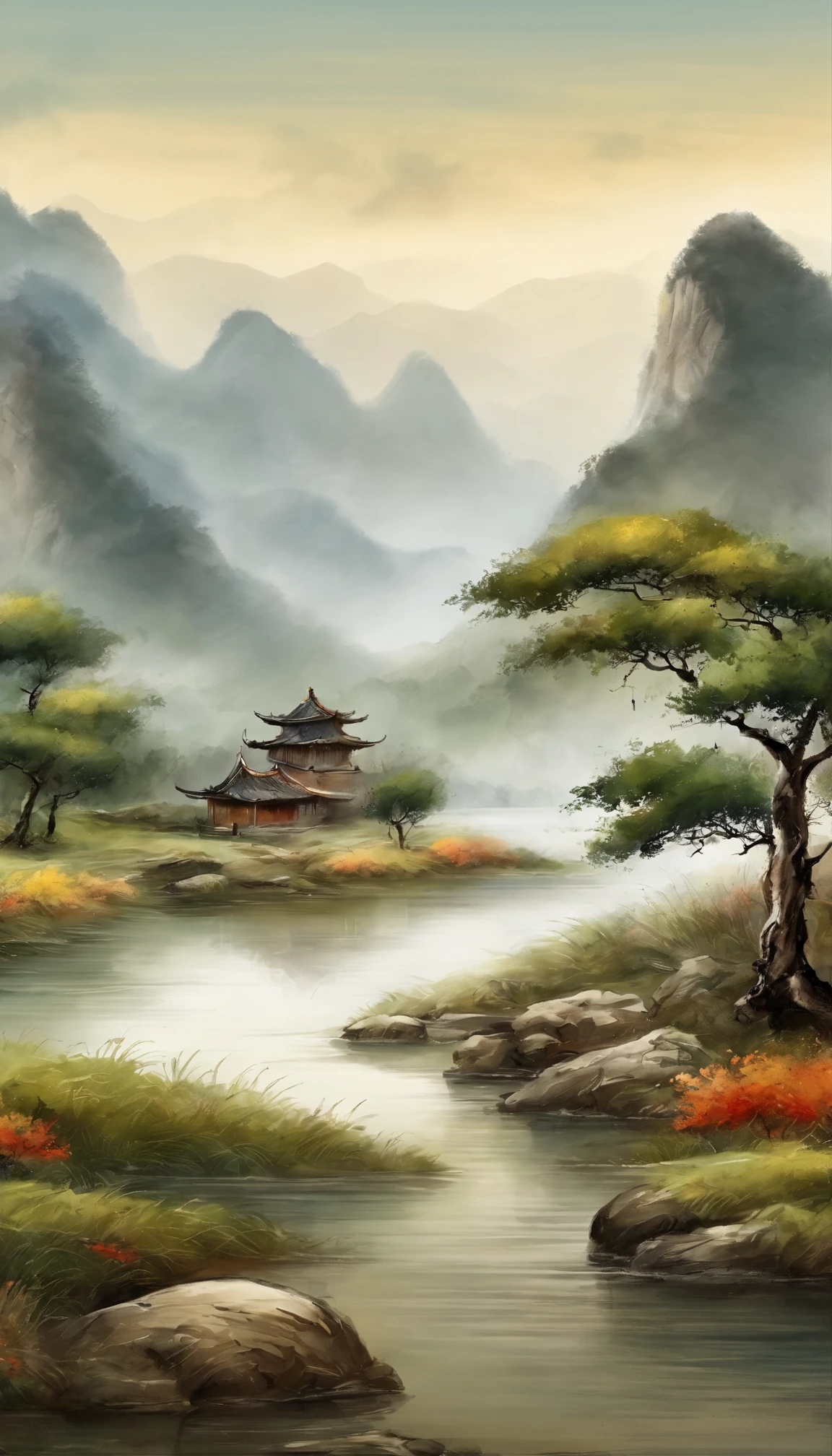 Chinese landscape painting,ink and watercolor painting,water ink,inky,Smudge,Faraway view,Ultra-wide viewing angle,meticulous,Diagram of 5 cows,Five scalpers,River side,Small stone bridge,grass field,The tree,The view is the mountains,(8k wallpaper),(light and shadow effect),rendering by octane,White Balance Design,Highly detailed image depiction,wide angles,depth of fields,tmasterpiece,realisticlying,Beautifully depicted,A detailed,acurate,Works of masters,tmasterpiece