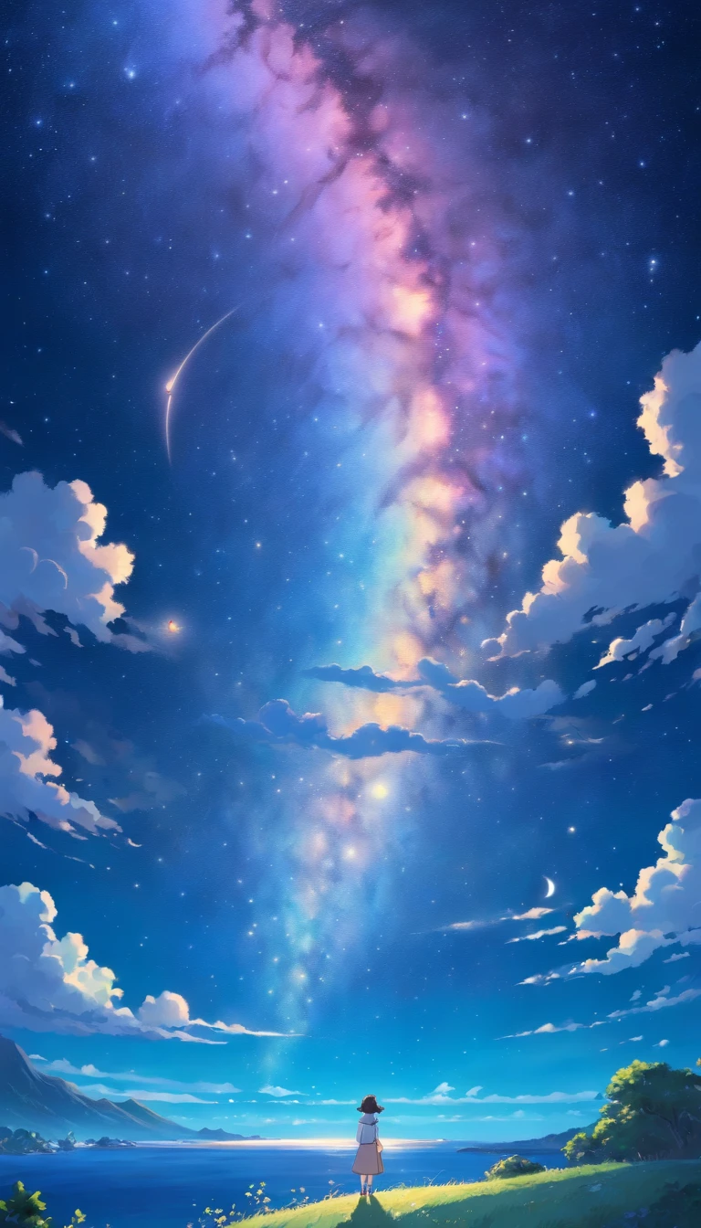 Master parts、Superior quality、Superior image quality、8K quality、Beautiful picture of the starry sky、magnifica、arching milkyway:1.9、Blue sea