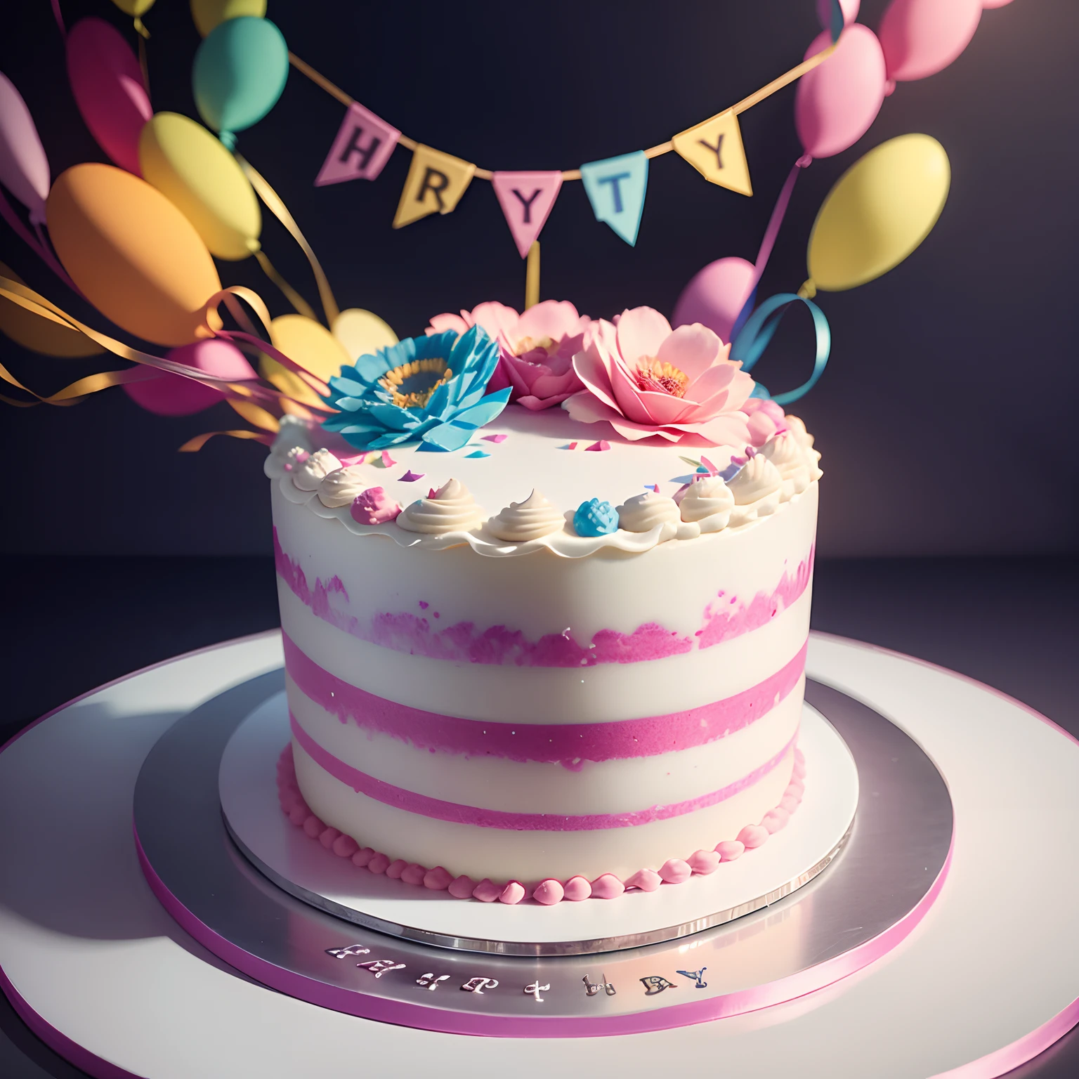 Ultra-realistic birthday cake、detailliert、4K、creative、colourfull、Flowers are on it、Has a ribbon ornament