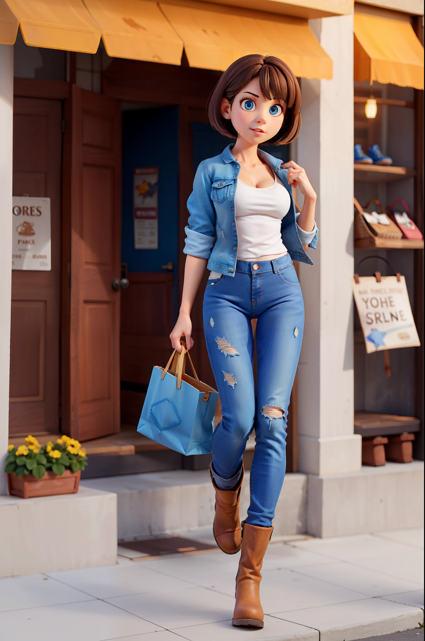 1 girl, solo, hot babe, short brown hair, big bright blue Pixar eyes, jean jacket, tight jean pants, fashion boots, shopping, very sexy, model, lots of cleavage, white tank top,