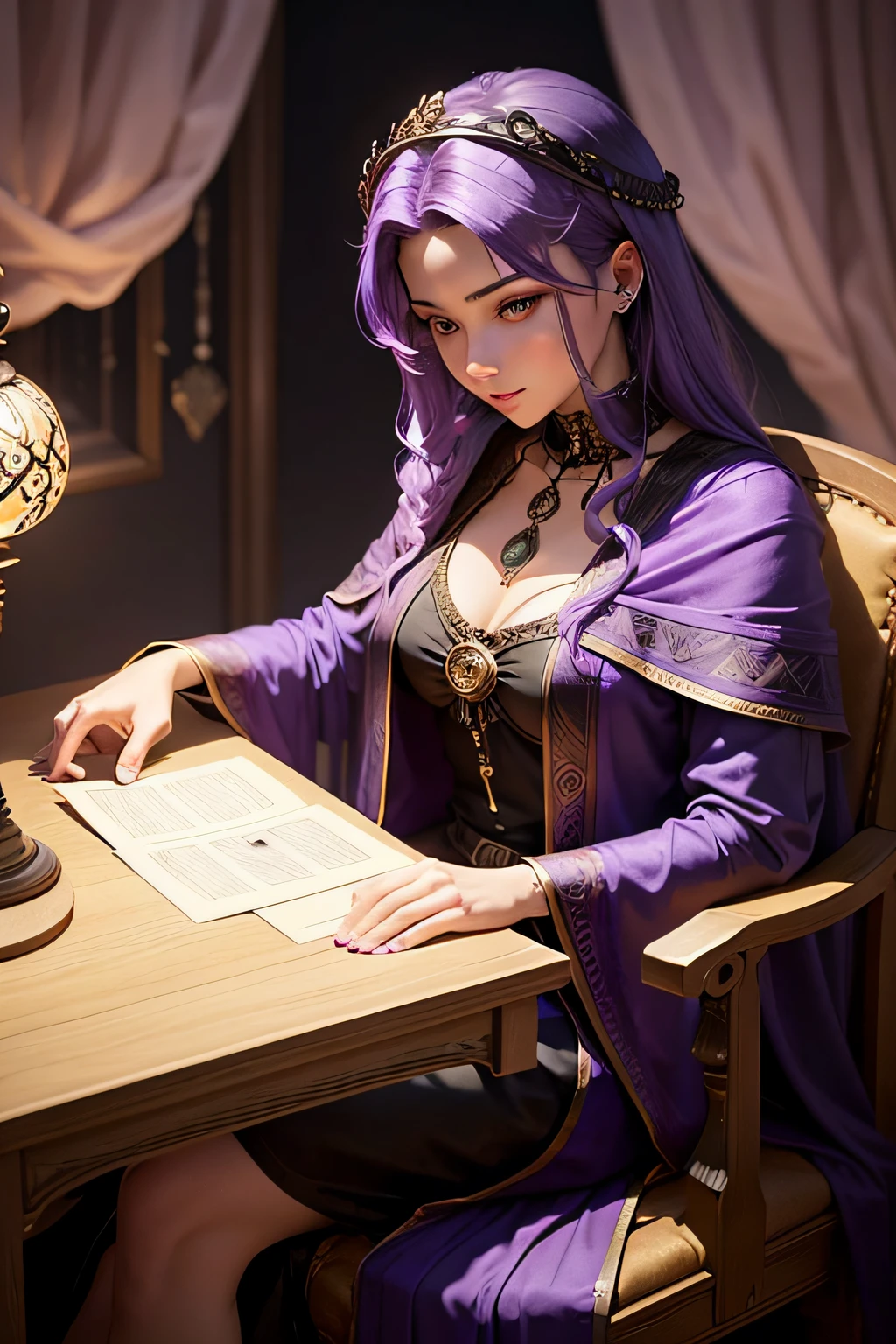 Tarot cards on the desk, On the chair sits a female fortune teller with purple hair