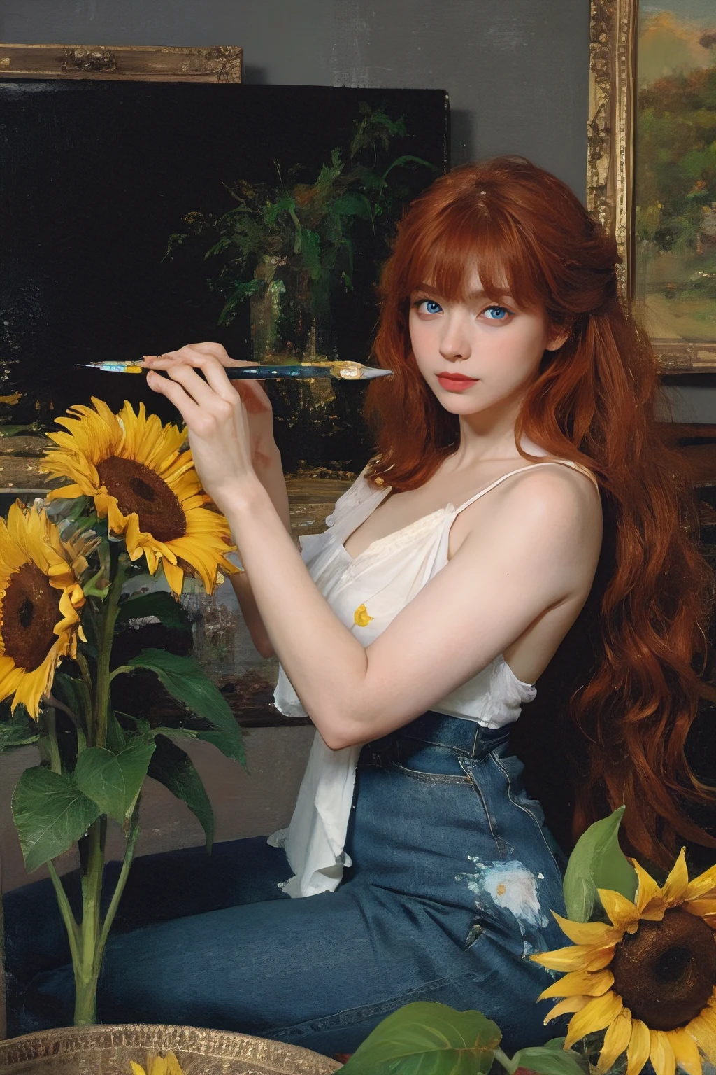 (oil painting:1.5),
\\
a woman with (long redhead wavy hair with bangs), ((blue eyes)) and sunflowers in her hair is laying down in a field of sunflowers, (amy sol:0.248), (stanley artgerm lau:0.106), (a detailed painting:0.353), (gothic art:0.106)