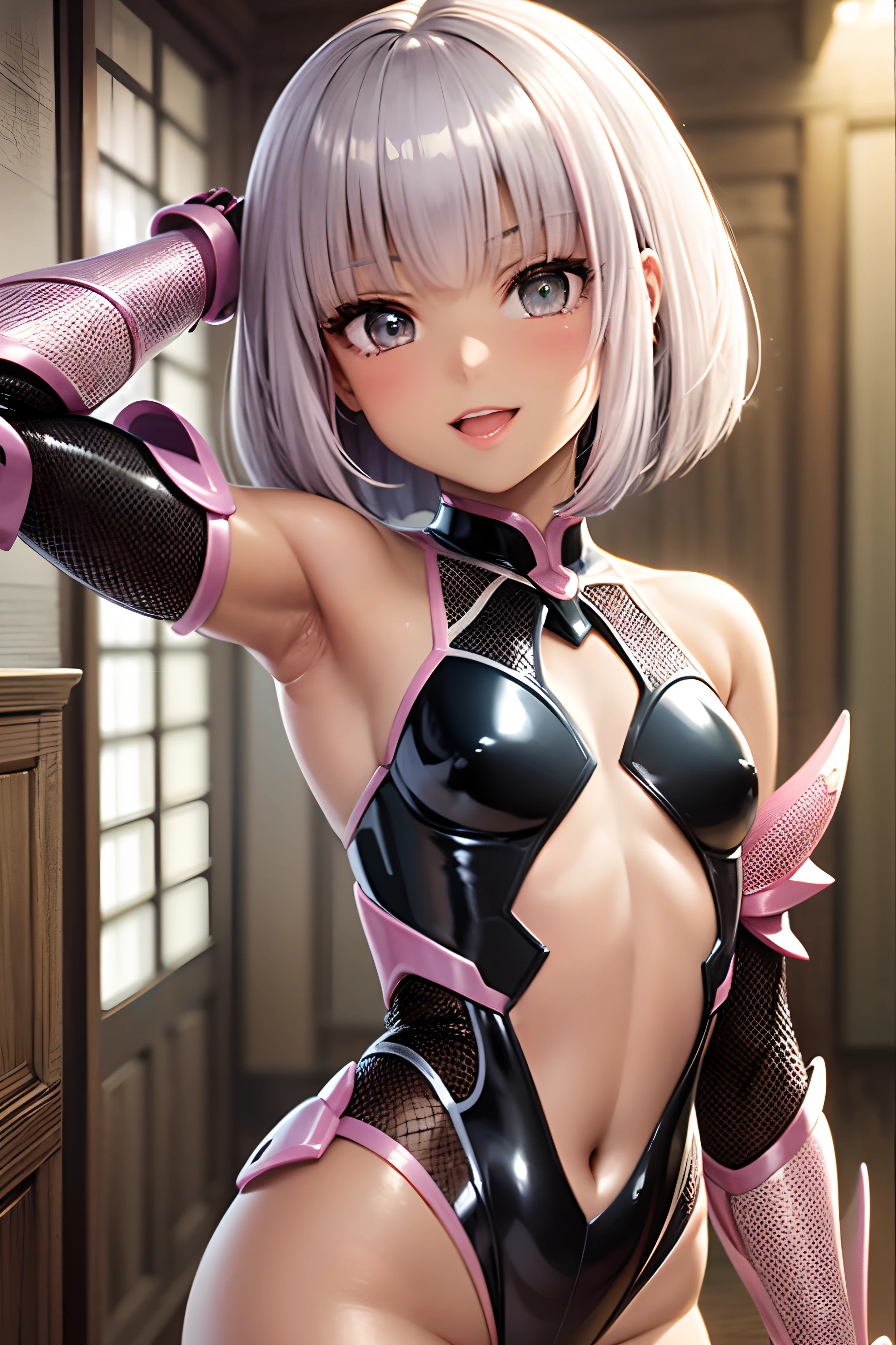 ((In Kyoto Animation Style)), super precision, ​masterpiece, very extremely beautiful, Princess Face, ((1 girl)), ((Solo:1.5)), ((Pink hair:1.5)), ((Black eyes)), ((bob cuts:1.5)), ((Smaller chest)), Latex, Short hair, BREAK, ((The costume is silver:1.5)), BREAK HA, ((Taimanin suit:1.5)), ((Black Leotard)), ((fish net)), (elbow groves), ((vambraces)), ((armored skirt)), (Thigh boots), Professional Lighting, (20 years old), Narrow waist, Shiny skin, Oiled skin, glistning skin, Looking at Viewer, Cowboy Shot, Dynamic Pose, is looking at the camera, girl's own room, Sexy, a bed, A smile, half-opened mouth,