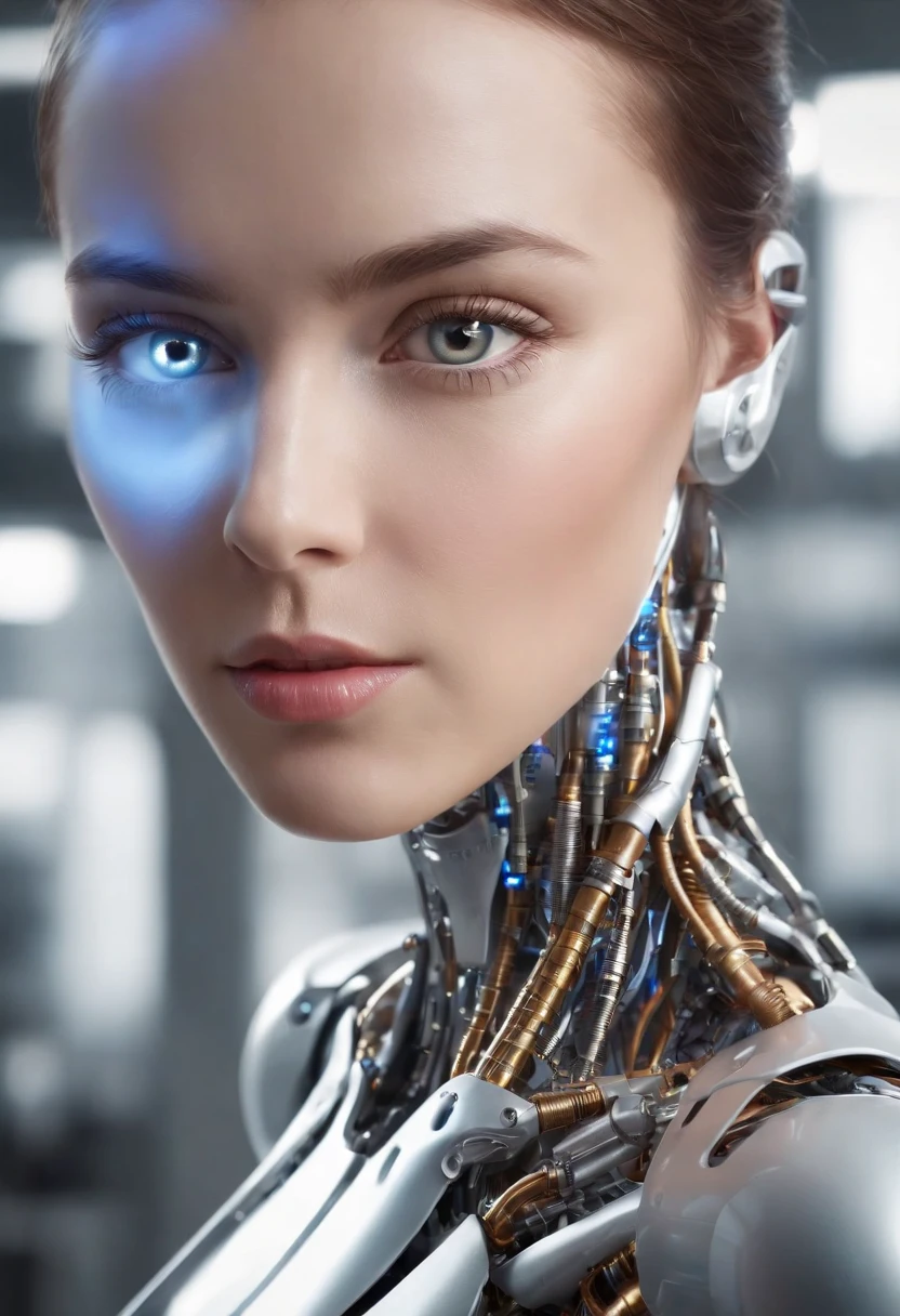 (best quality,8k,highres,masterpiece:1.2),ultra-detailed,(realistic,photorealistic,photo-realistic:1.37),detailed human eye in the center, robots working in an office setting, realistic, ultra-detailed robots, high-resolution, finely crafted metal textures, realistic portrayal of futuristic technology, intricate wiring and circuitry, meticulously designed workstations, advanced robotics arms, subtle reflections on the metallic surfaces, professional lighting, vivid colors, bokeh, futuristic office equipment, natural lighting pouring through large windows, sophisticated design aesthetic, precise lines and sharp edges, the hustle and bustle of robots engaged in various tasks, robots diligently typing on keyboards, digital screens displaying complex data visualizations, carefully crafted mechanical movements, subtle reflections on the human eye, intricate details of the iris, lifelike rendering of light reflections, realistic skin texture, futuristic attire, sleek and polished finishing on the robots, depth of field effect to highlight the central human eye, optimized composition to create a visually impactful scene, a perfect harmonization of human and robotic presence.