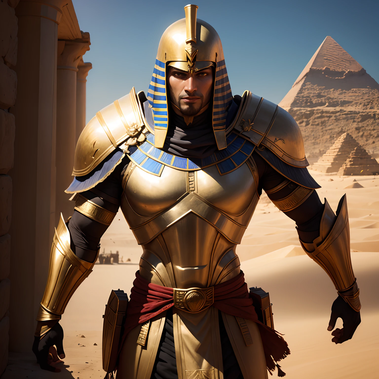 Egyptian Supper-Man warrior in realistic 4K full body armor,Pyramids,Super Detailed, Vray Display, Unrealistic engine, Midjourney Art Style.