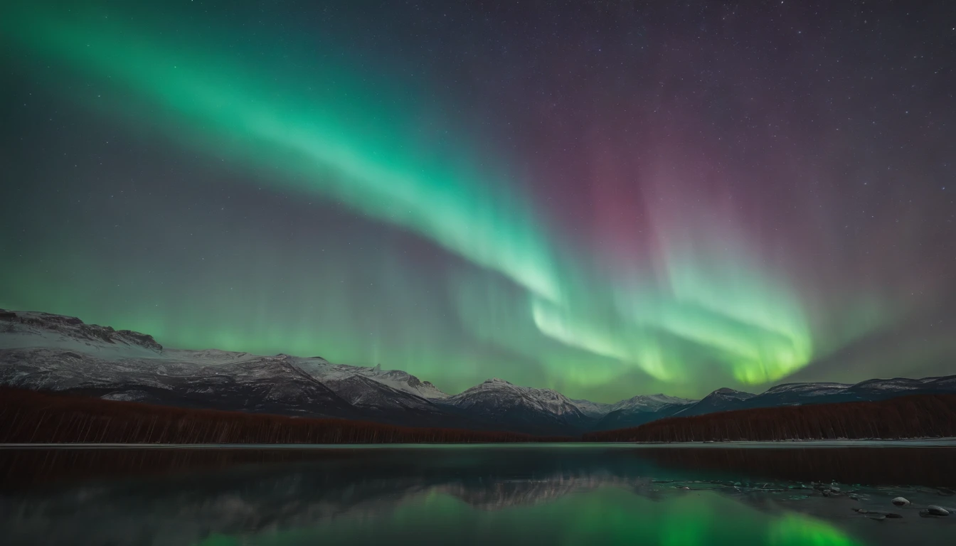 The Scandinavian skies come alive in a breathtaking display as the mesmerizing Aurora Borealis dances above. Ribbons of ethereal light, a symphony of emerald greens and electric blues, stretch and twist across the velvet canvas of the night. These luminous streaks seem to paint the heavens, casting a spellbinding glow on the snowy landscape below.

The northern lights weave and ripple, creating a celestial masterpiece that defies imagination. The stars themselves seem to pause in admiration of this cosmic ballet. Best quality, intricate details, clean lines, eye-catching composition, soft tones, anime realism, capturing the essence of nature's enchanting spectacle in the midnight sky, a perfect illustration