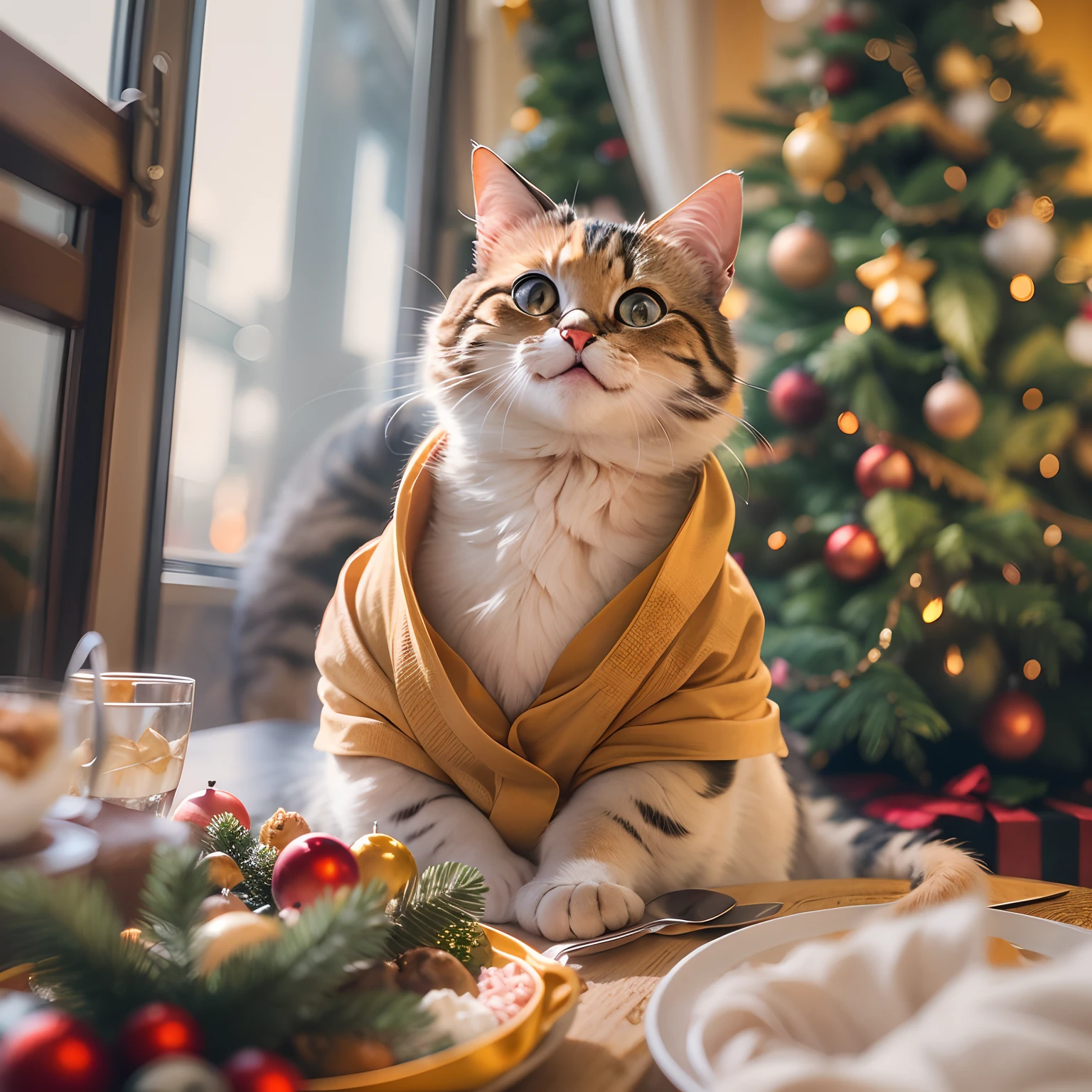 A round-eyed meow cat, adorable cat, smiling, Wear the robe of the Holy Faith, Eat a turkey dinner, Christmas tree next to the restaurant, Sunlight outside the window.