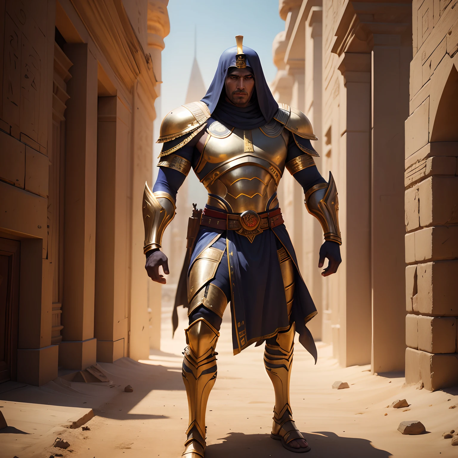 Egyptian Supper-Man warrior in realistic 4K full body armor,Pyramids,Super Detailed, Vray Display, Unrealistic engine, Midjourney Art Style.