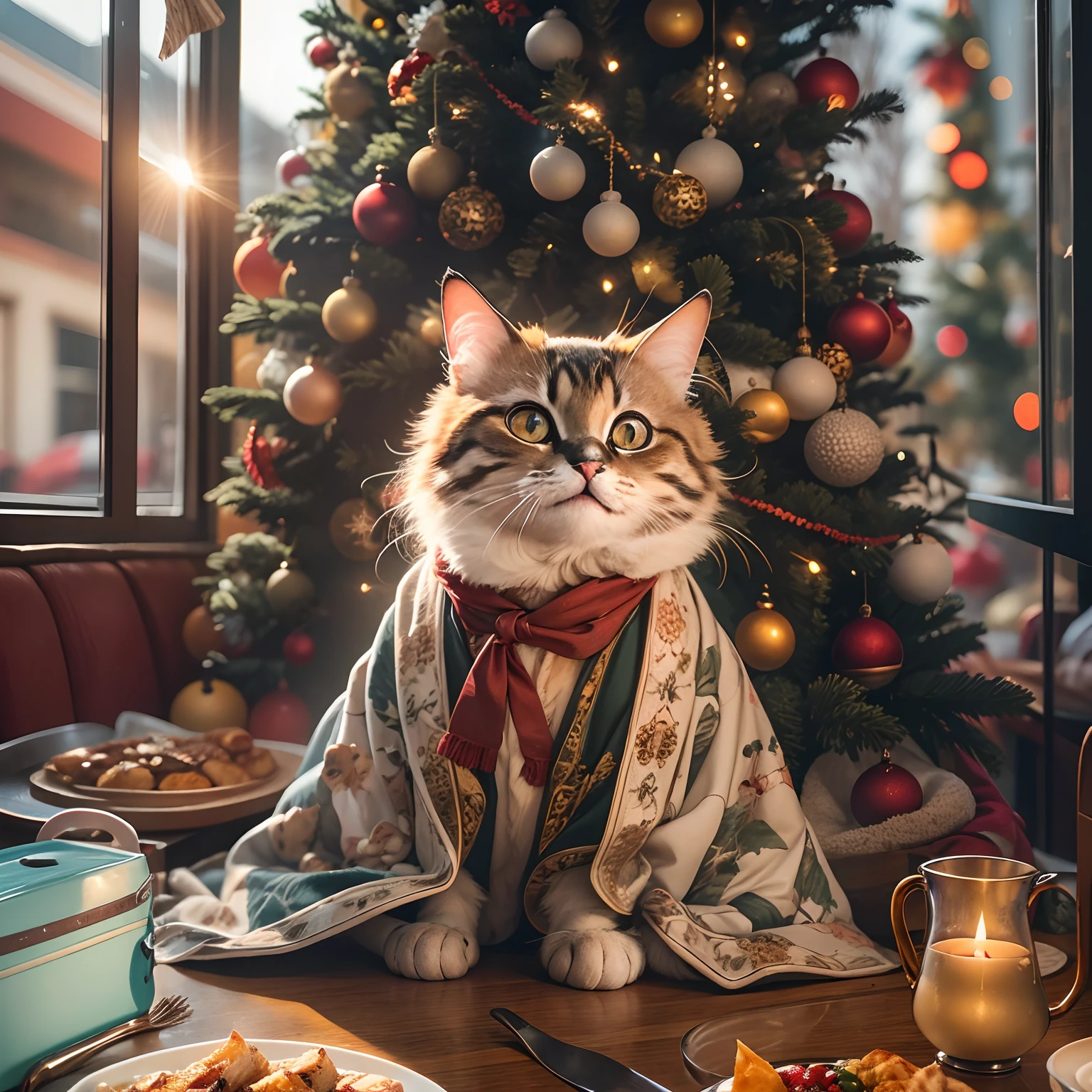 A round-eyed meow cat, adorable cat, smiling, Wear the robe of the Holy Faith, Eat a turkey dinner, Christmas tree next to the restaurant, Sunlight outside the window.