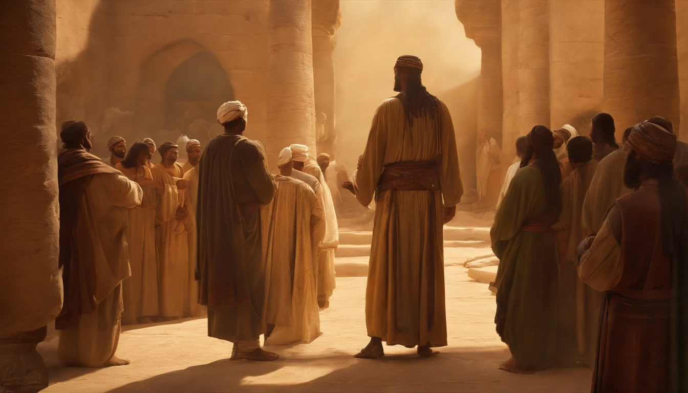 Jeremiah calls the Israelites to repentance, The Cry of the Prophet,Gatherings with large numbers of people, papyrus,Weathered parchment,Old gowns,,History reference,High-quality artwork and details,Realistic portrait style,Subtle color palette,vibrant background,natural textures,Deep Shadows,Subtle highlights,Historical accuracy,meticulous attention to detail,Emotional depth and intensity,Authentic Representation,Thought-provoking,Spiritual atmosphere,A Sense of Ancient Wisdom,Profound impact
