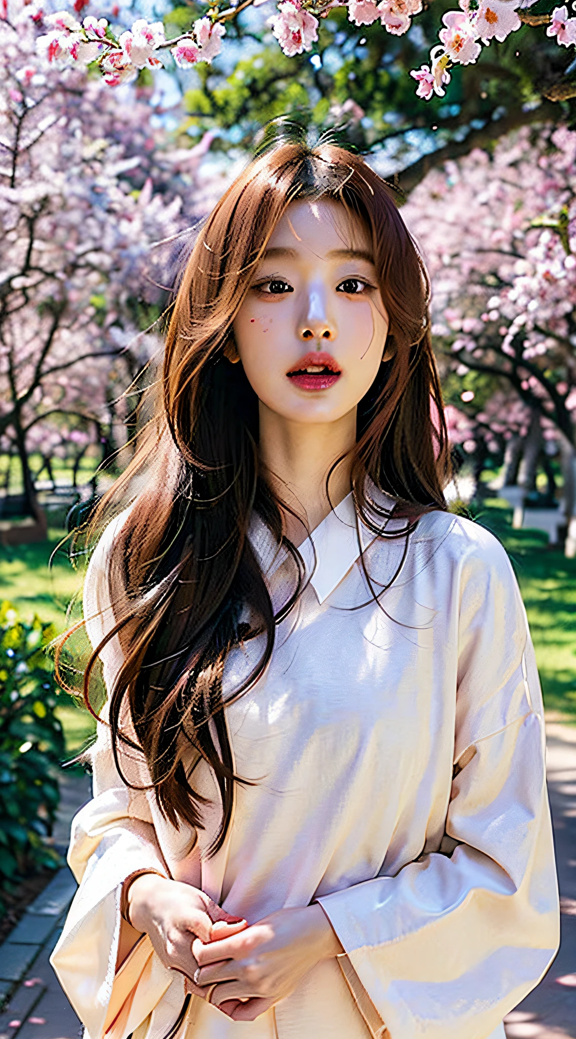 Best quality, Realistic, Photorealistic, extremely detaile, An extremely delicate and beautiful, RAW photo, Korean beauty,South Korean beauties,Girl in JK uniform, Vibrant colors, Detailed eyes and lips, Beautiful hair, pink hair joyful expressions, Surrounded by cherry blossom trees, It has a kawaii anime style, In a picturesque garden full of sunshine. The artwork is of the best quality, With ultra-detailed features and realistic, Realistic touch. vibrant with colors,The lighting creates a warm atmosphere, Dreamy atmosphere.