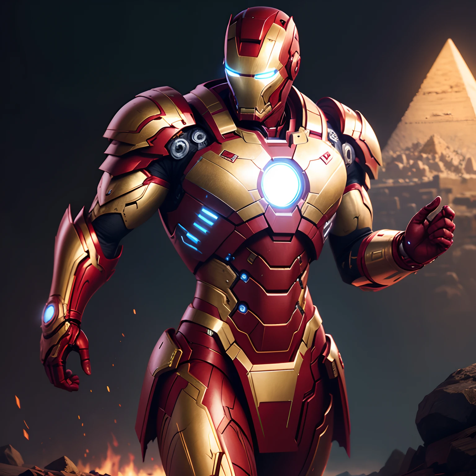 Egyptian Iron Man warrior in realistic 4K full-body armor,Pyramids,Super Detailed, Vray Display, Unrealistic engine, Midjourney Art Style.