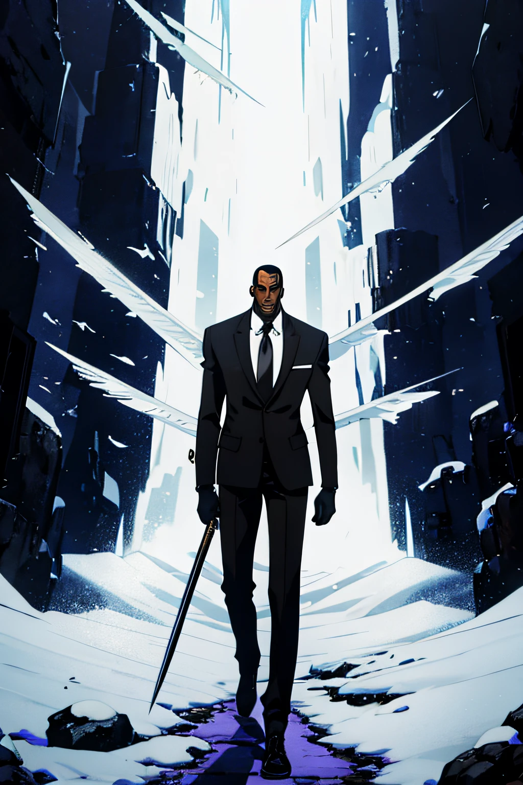Tall black man in a suit and gloves and a sword on his back