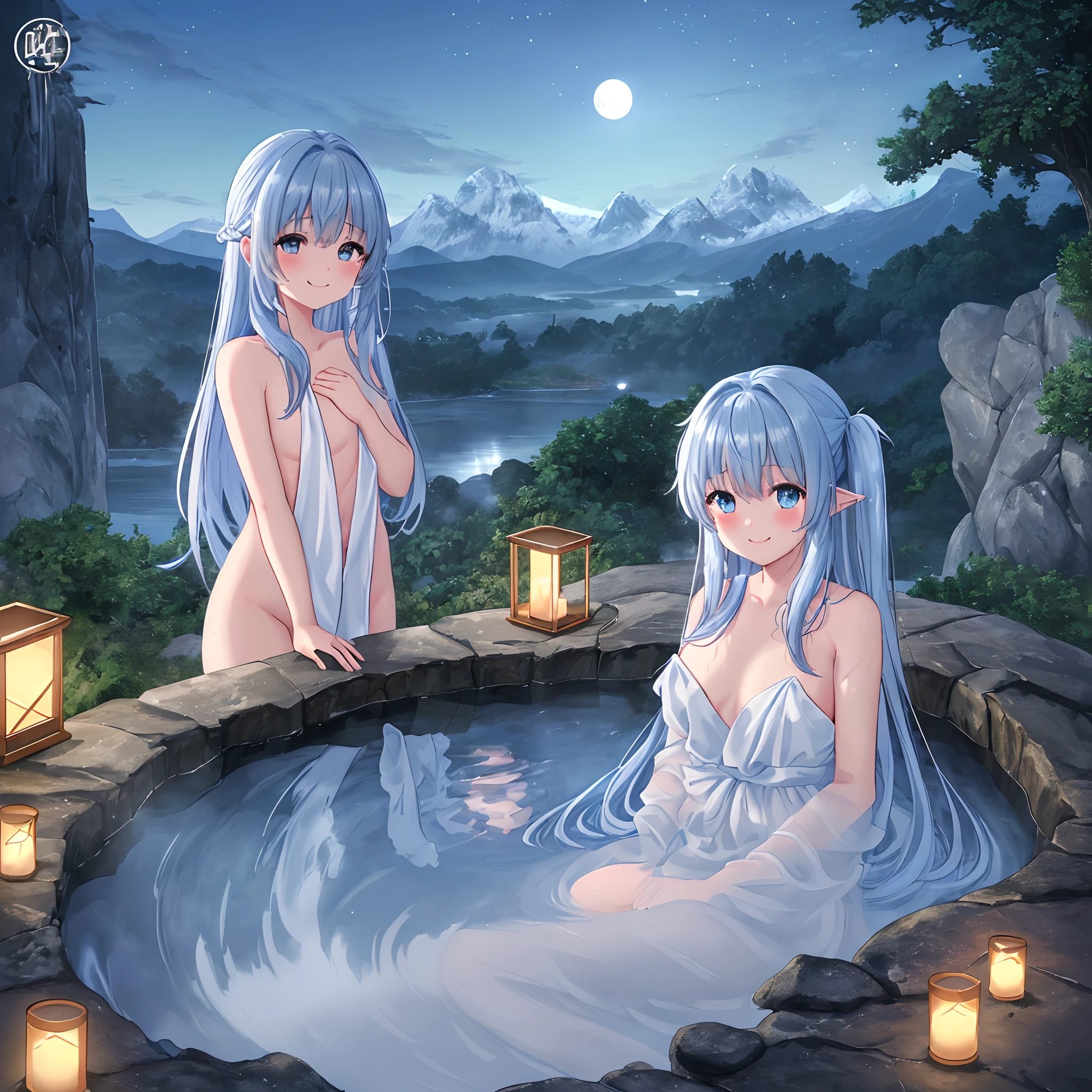 in 8K、top-quality、​masterpiece、ultra-detailliert、Ultra-high resolution、Light blue long hair、Twin-tailed、outdoor bath、Rock bath、fullmoon、mountains on background(a picture)、1 girl in、barechested、cover your chest with a thin cloth,、adorable smiling、wetting hair、water dripping、