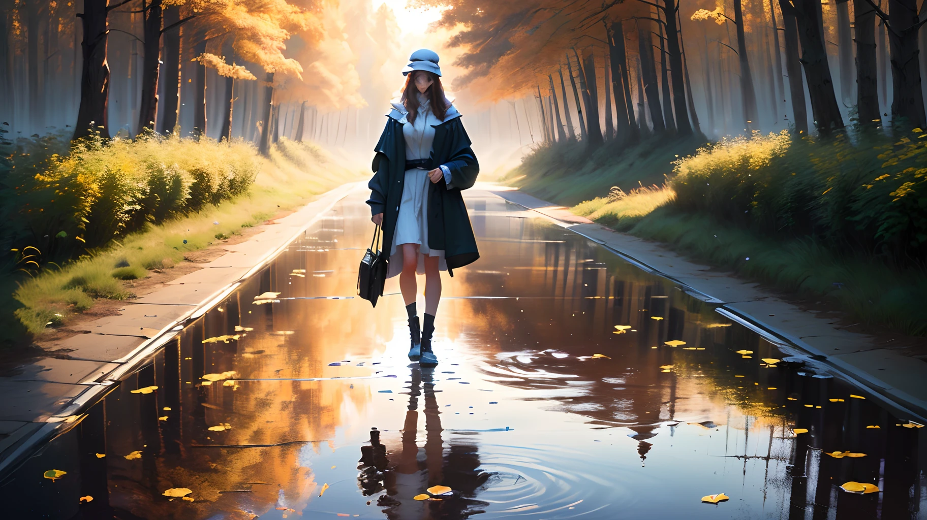 Dawn, pusta droga, samotne drzewo , Puddles , List