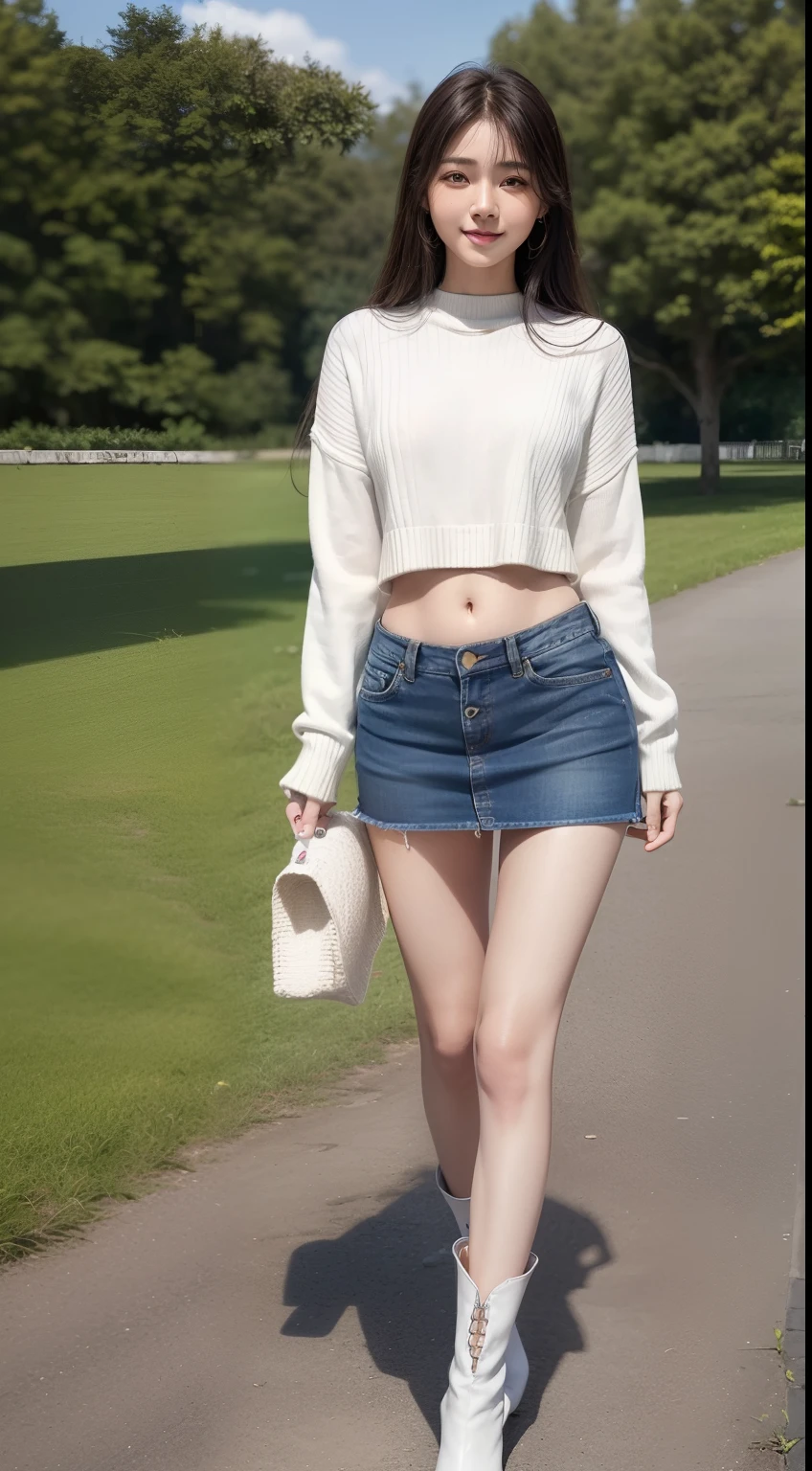 8K, masutepiece, Raw foto, Best Quality, Photorealistic, Wallpapers with extreme details CG Unity 8K, depth of fields, Cinematic Light, lensflare, Ray traching, (Extremely beautiful face, Beautiful lips, beautidful eyes), intricate detail face, ((Ultra Detail Skin)) 1girl in, (Korean model Kim Daun, Dhoni), (Korean model Kim Daun, Dhoni), (Korean model Kim Daun, Dhoni), (Korean model Kim Daun, Dhoni), (Korean model Kim Daun, Dhoni),1 girl, ((look up at viewer)),(huge smile:1.3), (blured background), A glimmer of light), (No people in the background.:1.3), Beautiful earrings, Clear eyes, Front shot, (pale-skinned), (Big eyes), (Big eyes) (Big eyes), (Big eyes), (Big eyes), Facing forward, (Full body shot), (ligh brown hair), Open the navel............, (look up at viewer:1.3), small hips, small hips,small hips, a slender waist, small hips, ((wide open abdomen))、((open abdomen))、((wide open navel))、((open navel))、((Bare belly))、((Mid-Riff Sweater))、((Ultra-low rise、Denim Mini Skirt))、 ((Navel Ejection))、((small hips))、((Full body depiction))、((small  hip))、(boots)、((Ultra-low rise))、 ((Denim Mini Skirt))、((is standing))、
