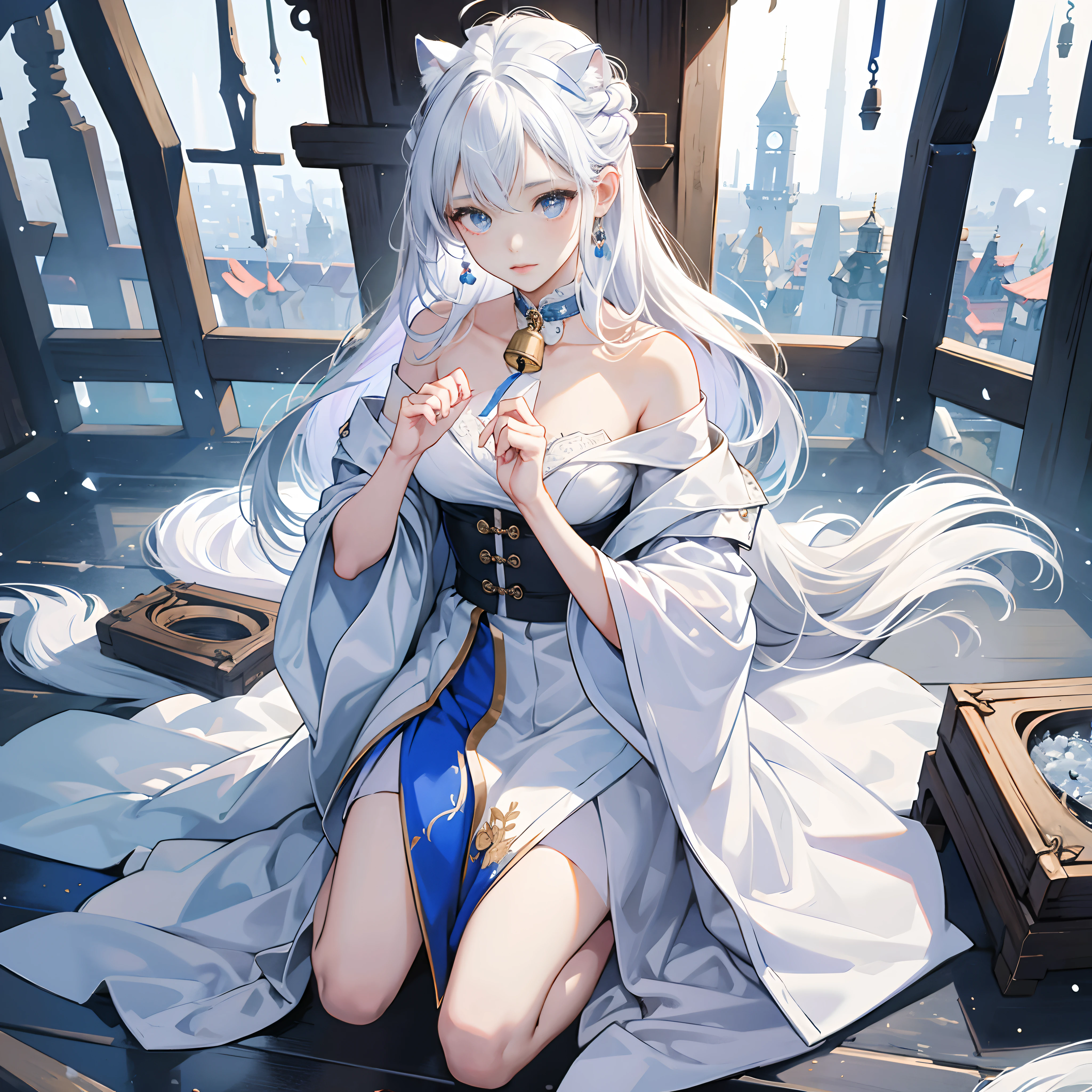 Beautiful woman with long white hair, pale skin and blue eyes, cherry cheeks and lips. Petite slightly curved body 
Outfit: wears a light blue outfit inpired in Turkish period novel vibes outfit,  blue veil covering her hair