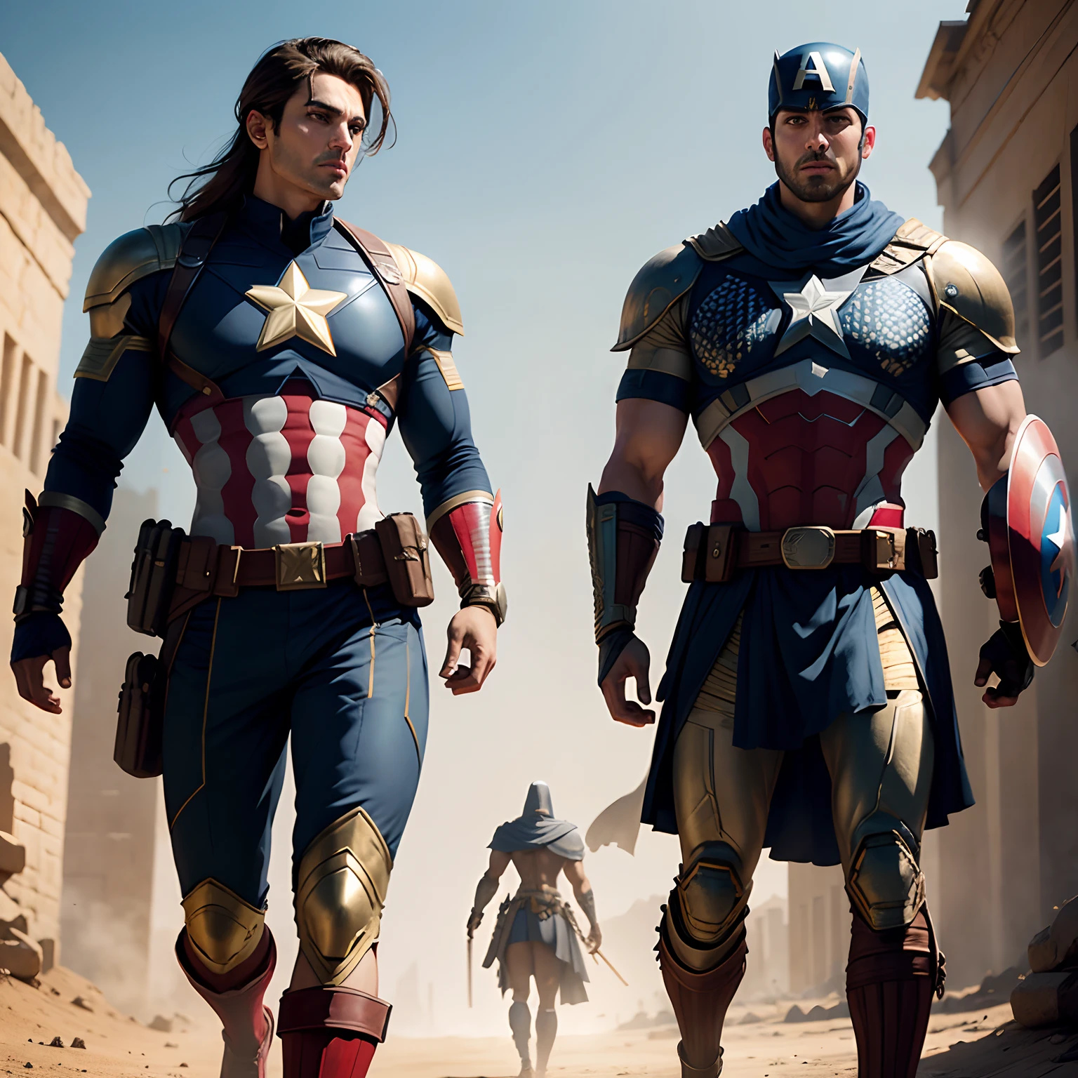 Captain America Egyptian warriors in realistic 4K full-body armor,Pyramids,Super Detailed, Vray Display, Unrealistic engine, Midjourney Art Style.