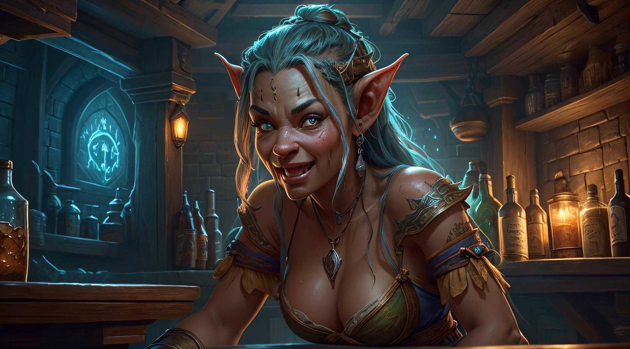wallpapers. Digital Art. tavern, Incredibly cute orc innkeeper with happy eyes, Ultra Detailed, abstract, surreal, Best Quality, Ultra High Quality, Masterpiece, Glow, splash, Detailed realistic anatomy in Full HD, high detail, High Resolution, expressive eyes, Detailed Face, Fantasy plot, 64 thousand.