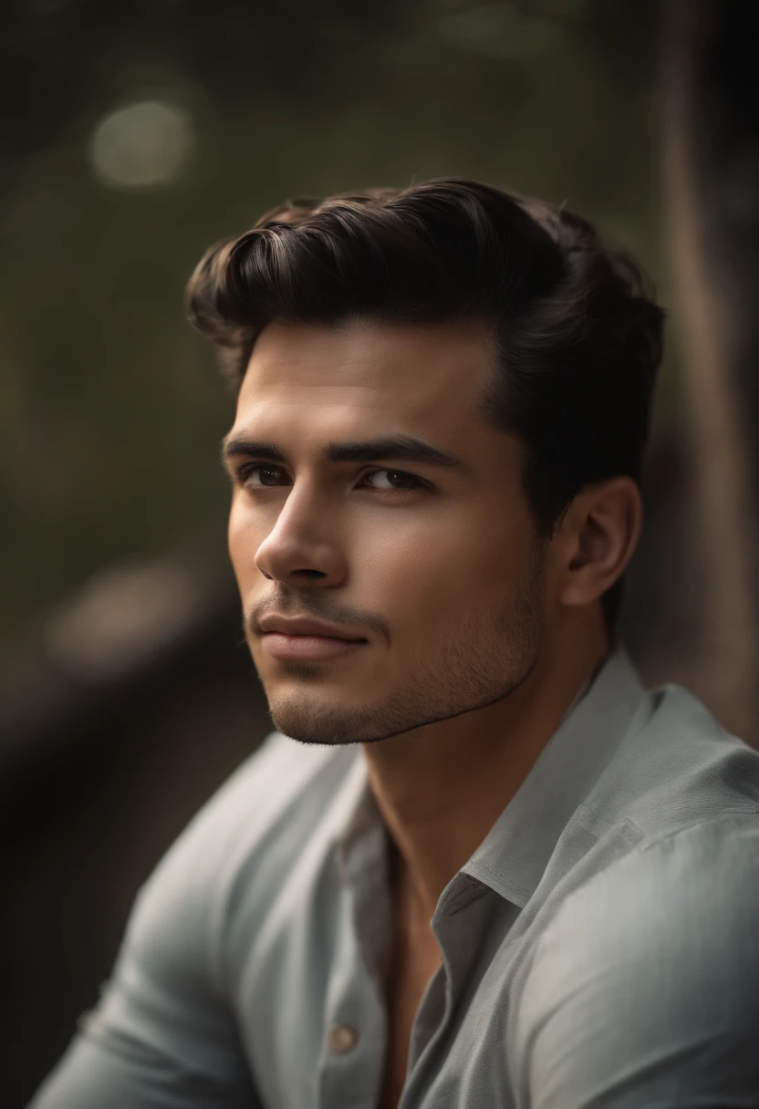 handsome guy, half white, half filipino, dark brown hair, golden eyes