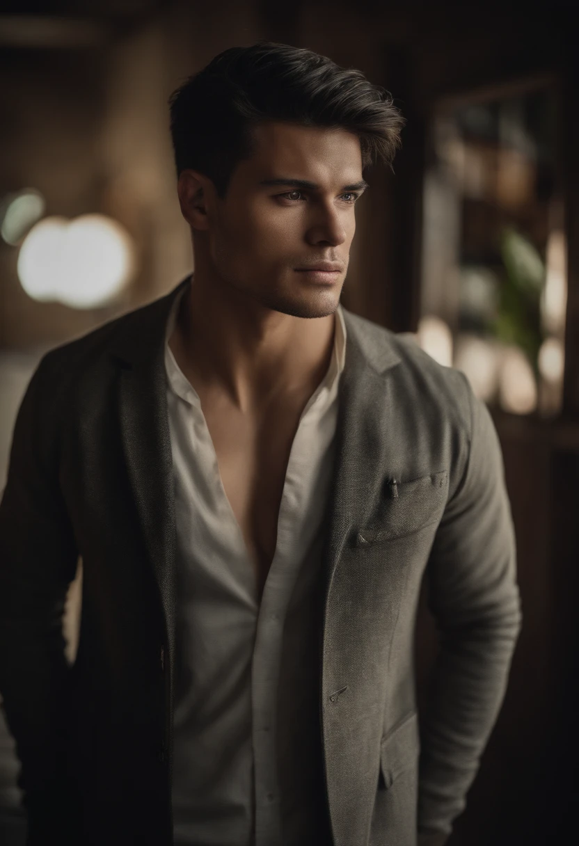 handsome guy, half white, half filipino, dark brown hair, golden eyes