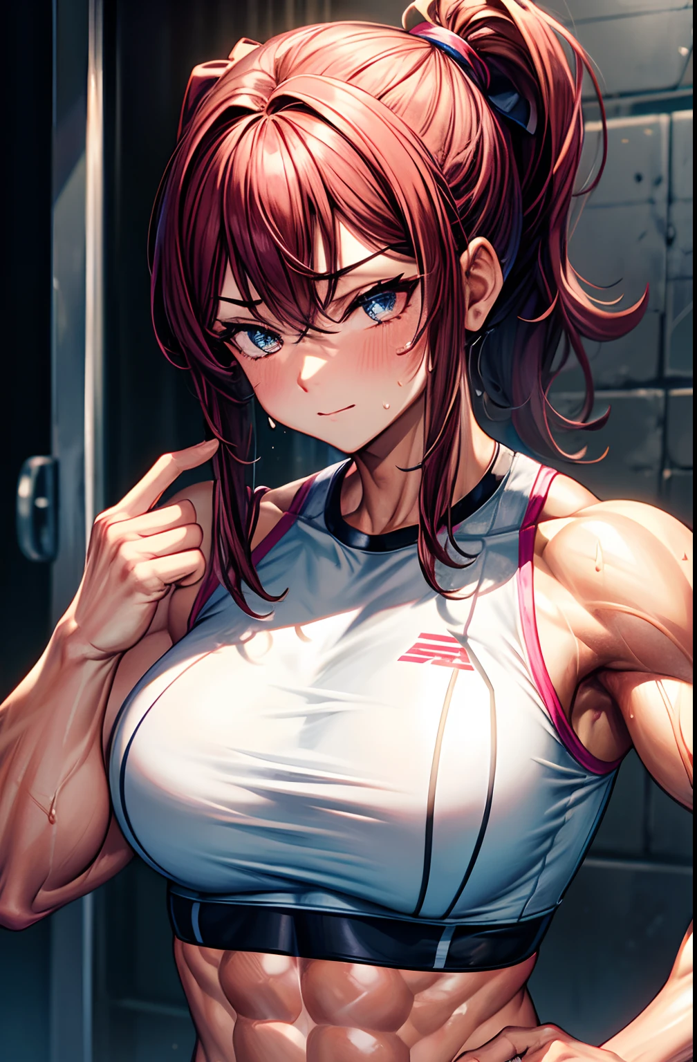 muscular girl flexing biceps and sweating