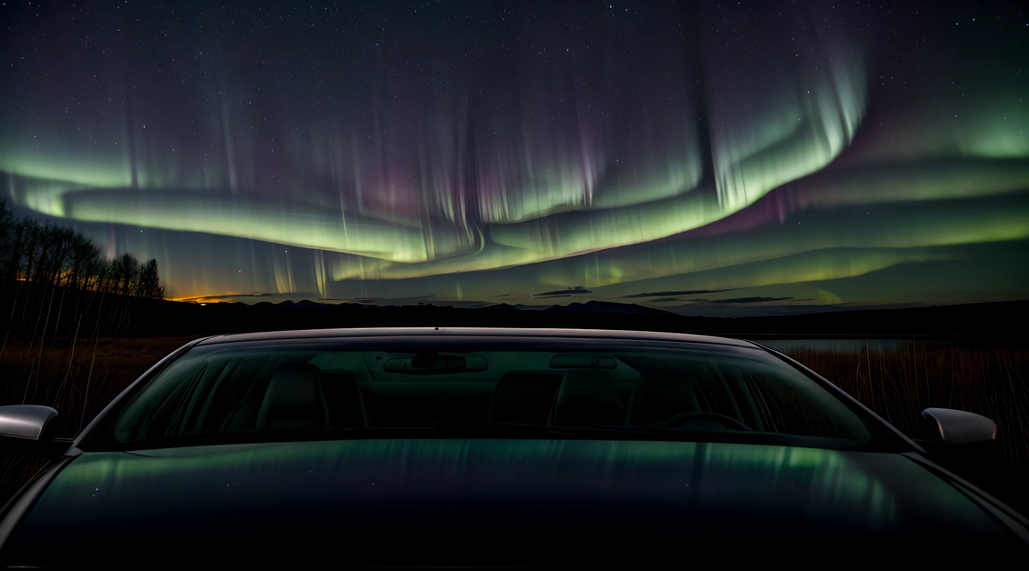 Exterior front windows of the car，Reflects the night sky full of auroras，tmasterpiece，extreme hight detail