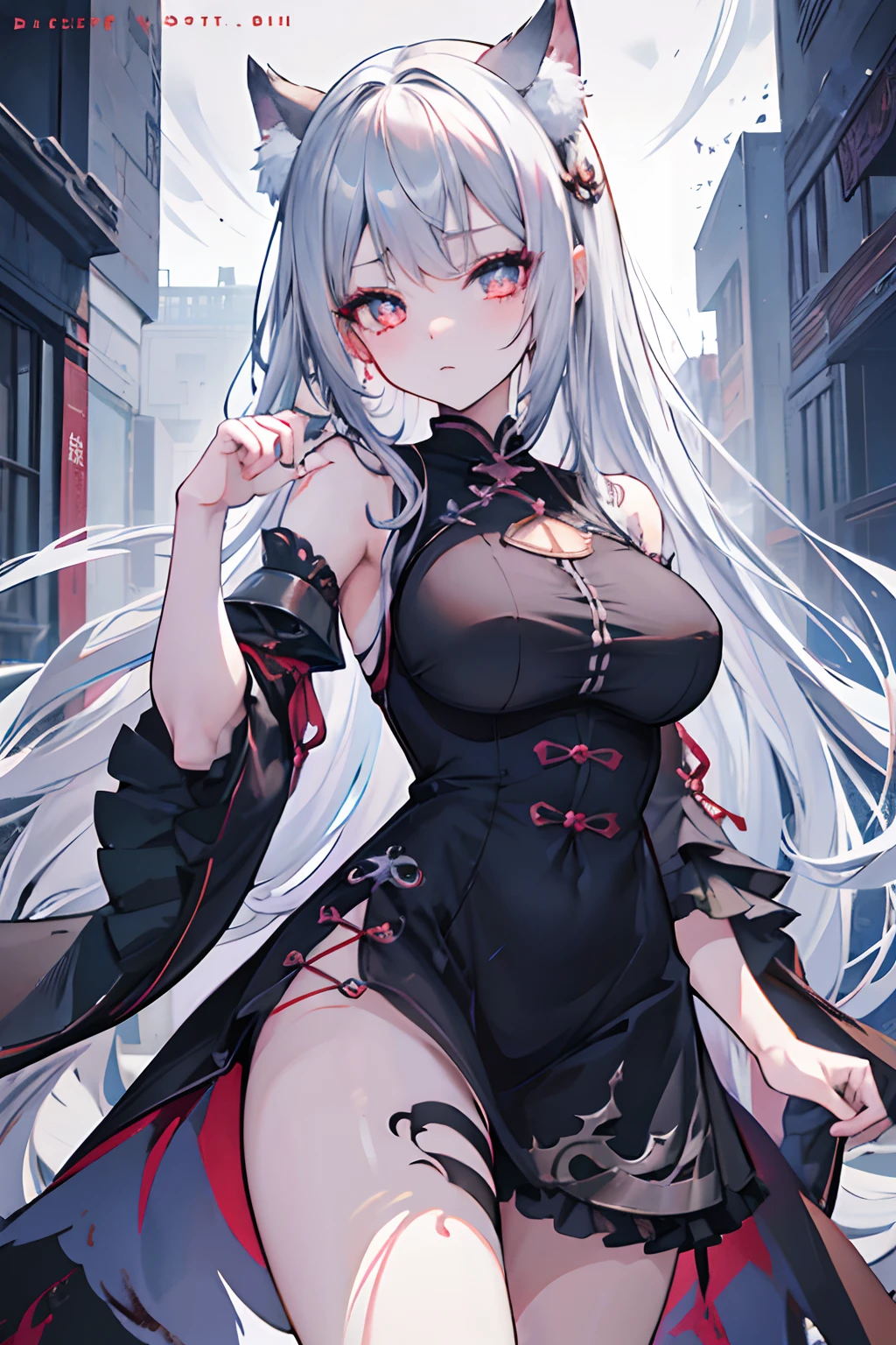 Anime girl poses facing camera with long gray hair and black dress, seductive anime girls,hoarfrost metal lace, Blood-colored pupils，Dark art, 8K,Dreamlike,Intricate details,Detailed digital anime art, demon anime girl, detailed anime art, beautiful anime catgirl, hoarfrost metal lace,inspired by Li Mei-shu, mistic